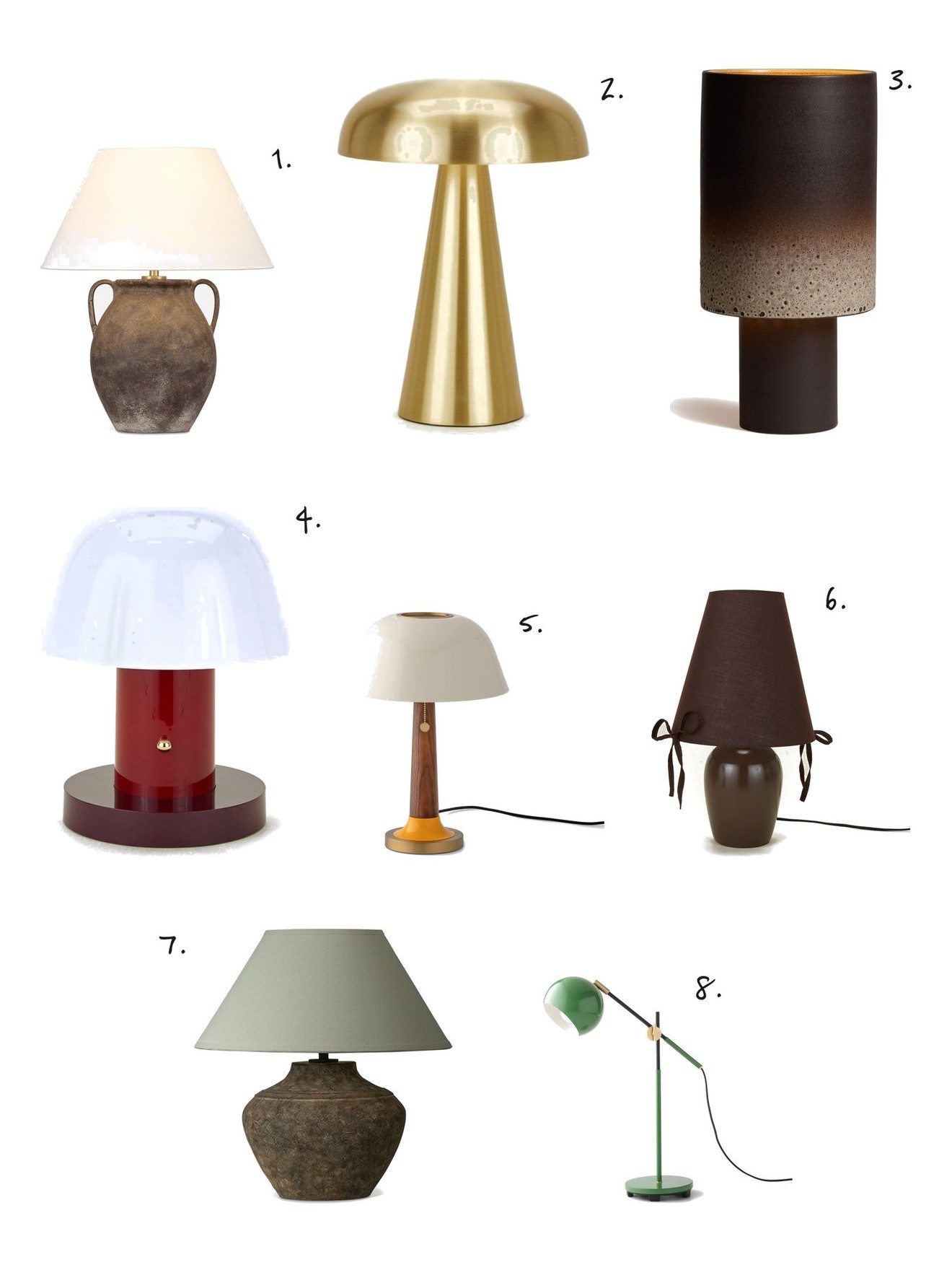 Numbered collage: 1. Lulu and Georgia Naja Table Lamp; 2. &Tradition Como Portable Lamp; 3. Heath Ceramics Stack Table Lamp, Tall; 4. &Tradition Setago Rechargeable Lamp in Red; 5. Schoolhouse Evelyn Table Lamp; 6. Morel Burgundy Bows Table Lamp; 7. Lulu and Georgia Balian Cordless Table Lamp; 8. Schoolhouse Isaac Desk Lamp
