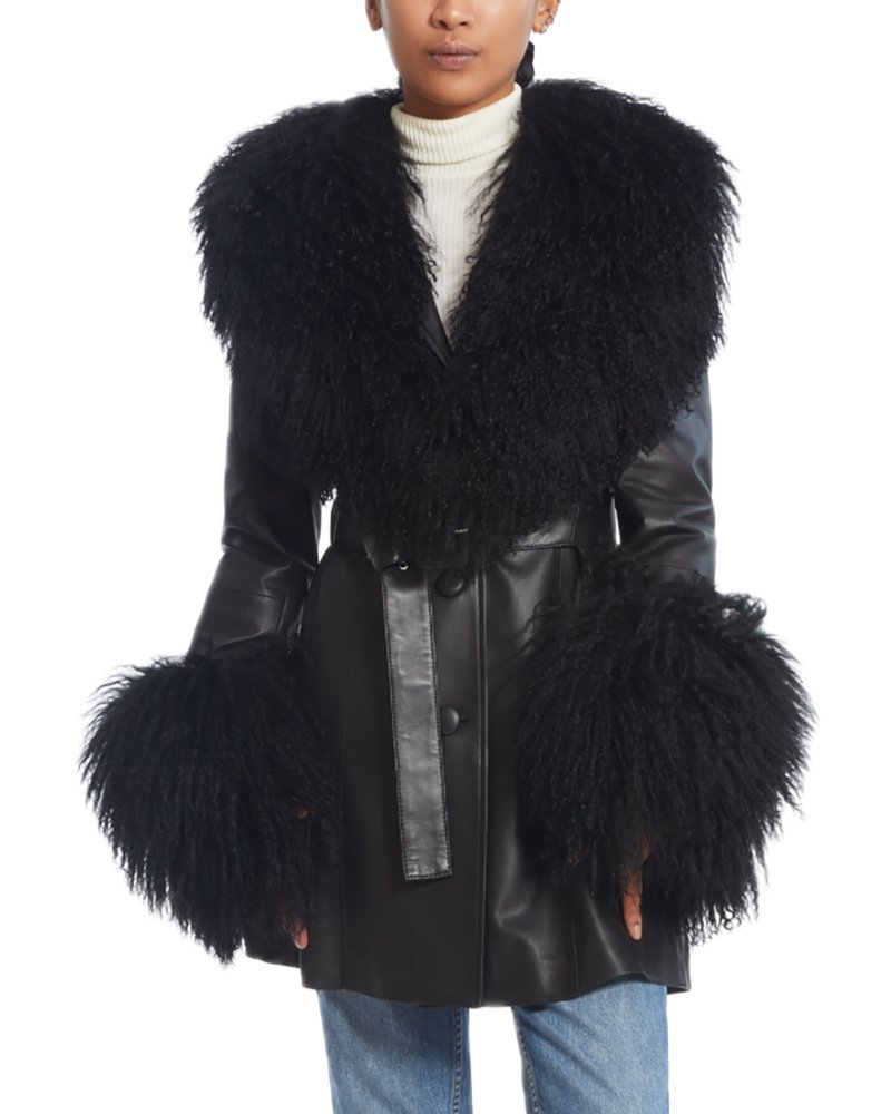 Leather Shearling Trim Belted Jacket