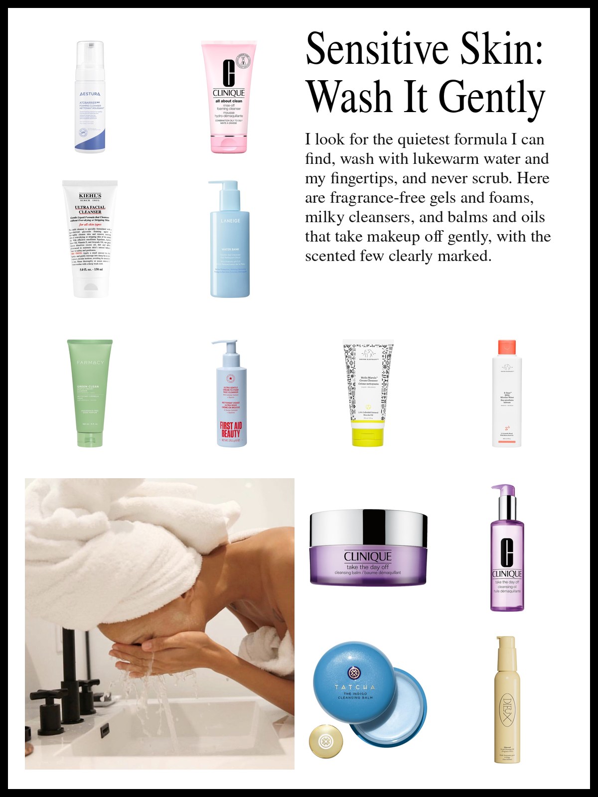 Collage of gel and foam cleansers, milky and micellar cleansers, and cleansing balms and oils, and a mood photo of a woman in a towel turban splashing her face at a white sink.