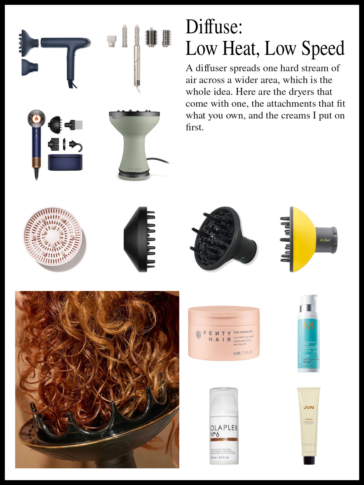 Collage of hair dryers with diffusers, diffuser attachments and curl creams and mousses, and a mood photo of red curls cupped in a diffuser.