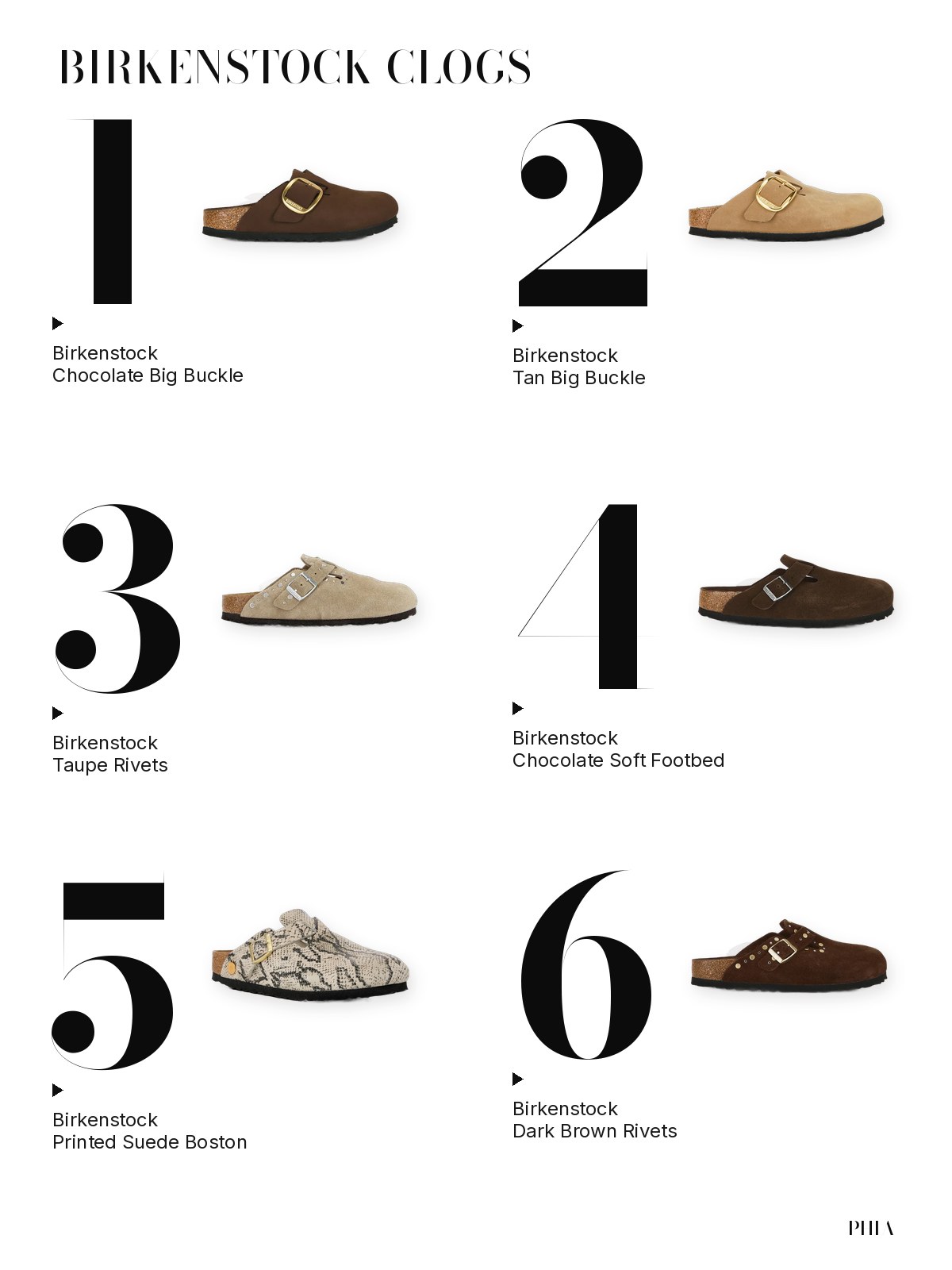 Big-numbers fashion collage showing six Birkenstock Boston clogs.
