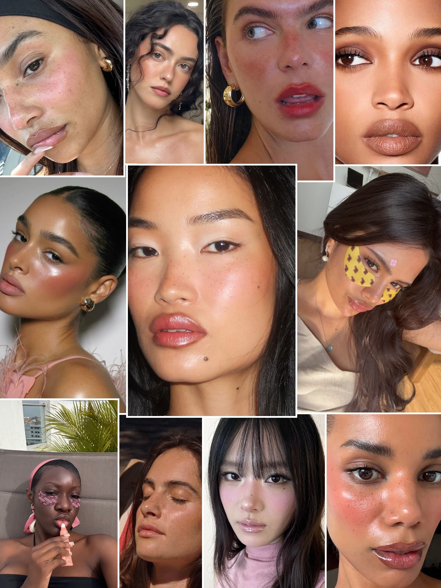 Collage of glowing beauty looks with fresh skin, soft blush, defined eyes and natural lip color