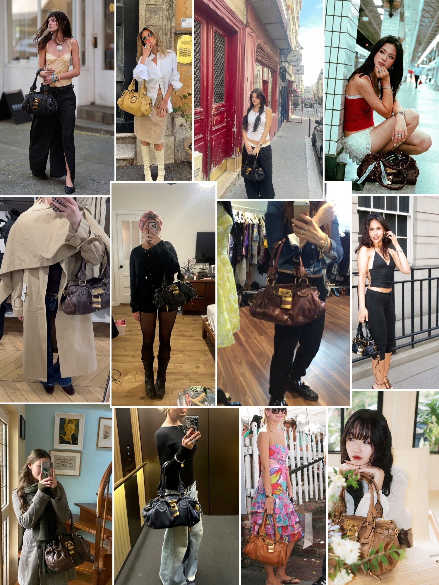 Street style collage of women wearing Chloé Paddington bag