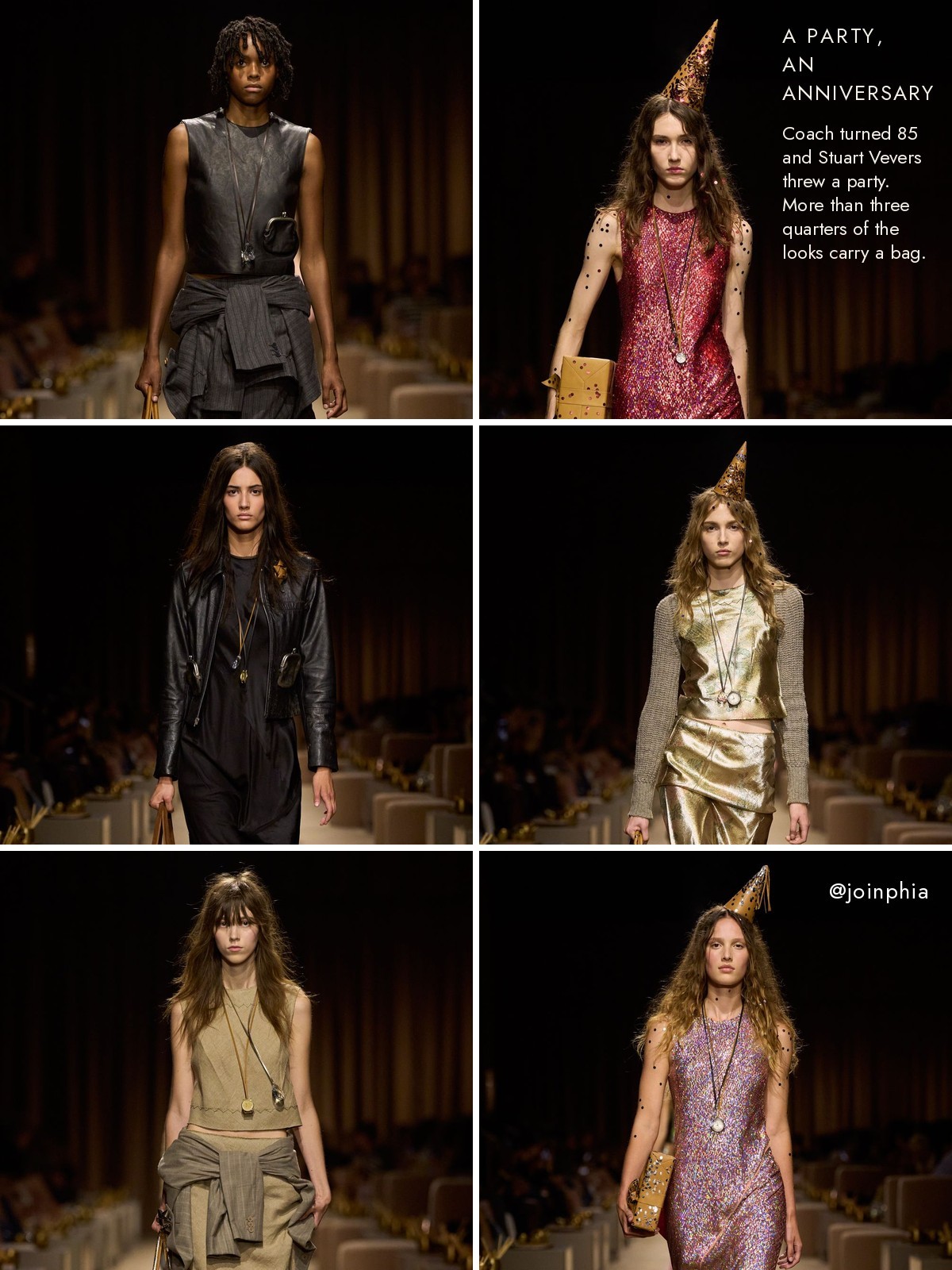 Collage: six Coach Spring 2027 runway looks in a grid