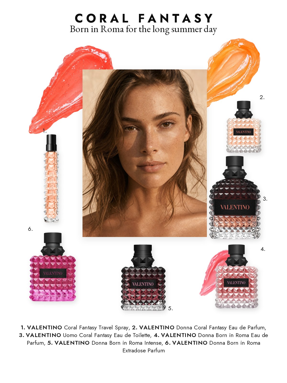 Magazine-page collage featuring Valentino Born in Roma Coral Fantasy fragrances and related scents.