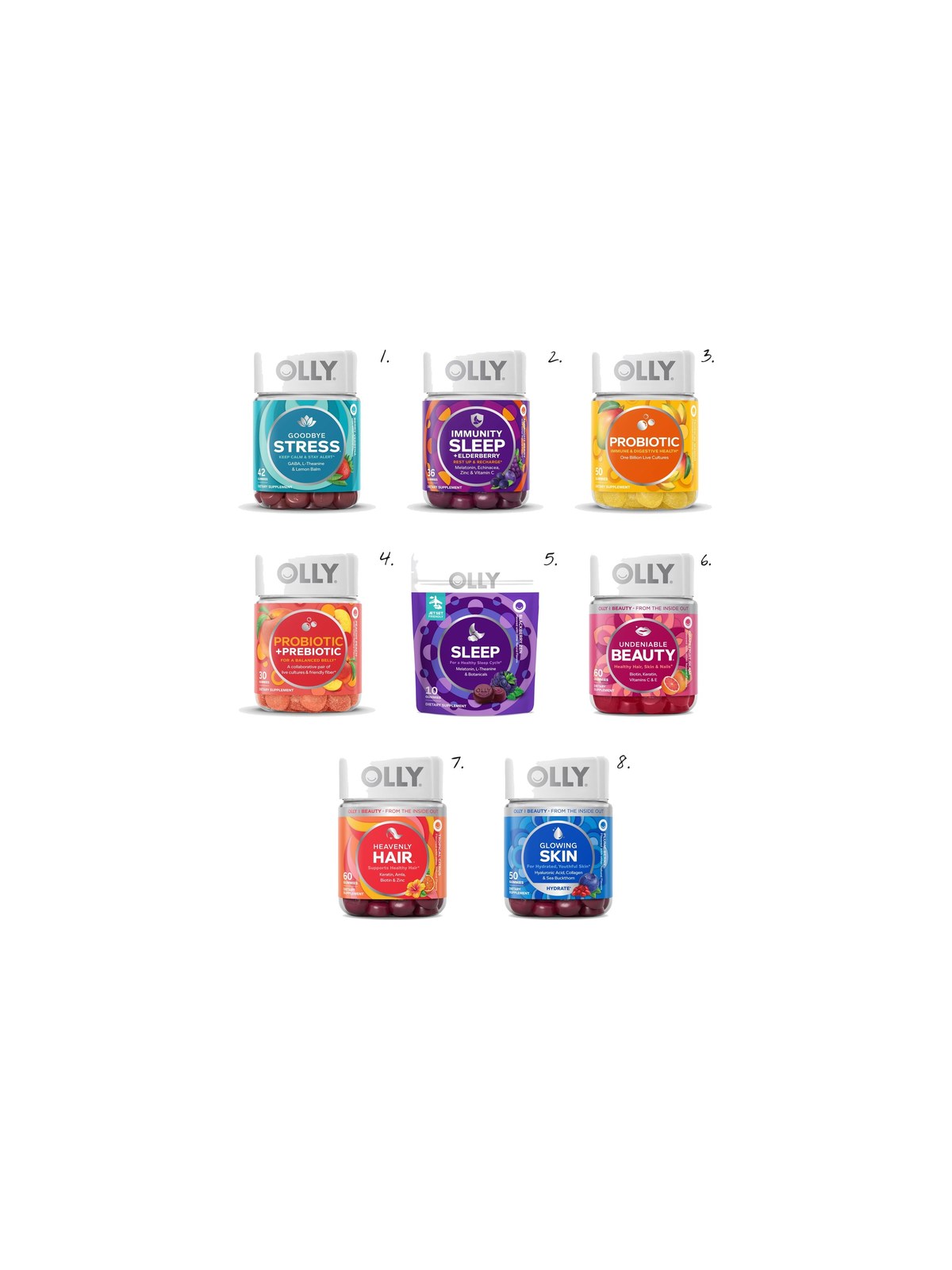 Numbered collage: 1. OLLY Goodbye Stress Gummies, Berry Verbena, 42 Count; 2. OLLY Immunity Sleep Gummies, Elderberry, 36 Gummies; 3. OLLY Probiotic Gummy, Tropical Mango, 50 Gummies; 4. OLLY Probiotic + Prebiotic Gummies, Peach, 30 Count; 5. OLLY 3mg Melatonin Sleep Gummies, Blackberry Zen, 50ct; 6. OLLY Undeniable Beauty Multivitamin Gummies for Hair, Skin & Nails, Grapefruit Glam, 60ct; 7. OLLY Heavenly Hair Supplement Gummies with Keratin, Amla, Biotin & Minerals, 60ct; 8. OLLY Glowing Skin Collagen Chewable Gummies, Berry, 50ct