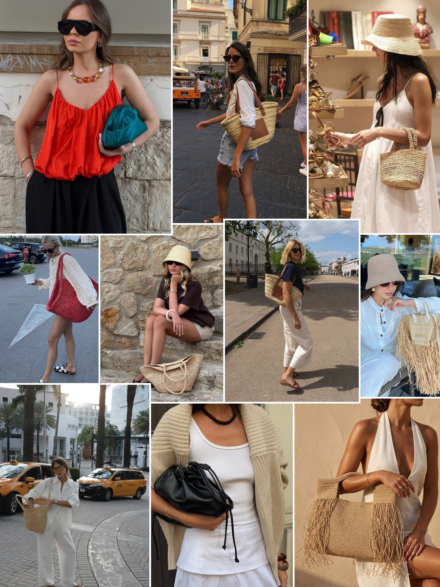 Collage of knotted drawstring clutches and similar looks