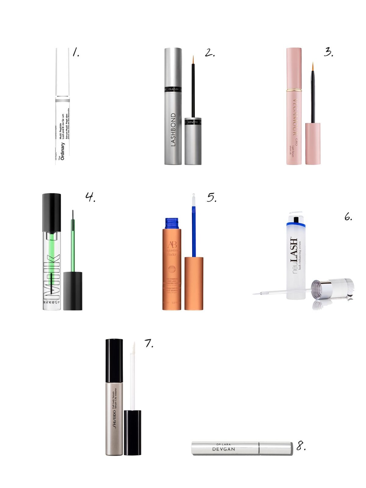 Numbered collage: 1. The Ordinary Multi-Peptide Lash and Brow Serum for Thicker, Fuller Looking Lashes & Brows; 2. Olaplex Lashbond Building and Enhancing Serum; 3. Vegamour GRO Volumizing Lash Serum; 4. MILK MAKEUP KUSH Lash + Brow Enhancing Serum; 5. Augustinus Bader The Eyebrow & Lash Enhancing Serum; 6. neuLash Lash Enhancing Serum 0.11 oz.; 7. Shiseido Full Lash Serum; 8. Dr. Lara Devgan Platinum Long Lash - 5 ml