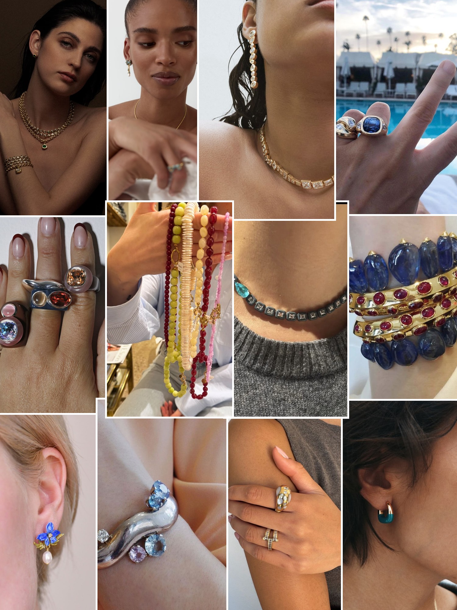 Collage of rings, earrings and layered necklaces worn up close, in the spirit of Rene Barnes