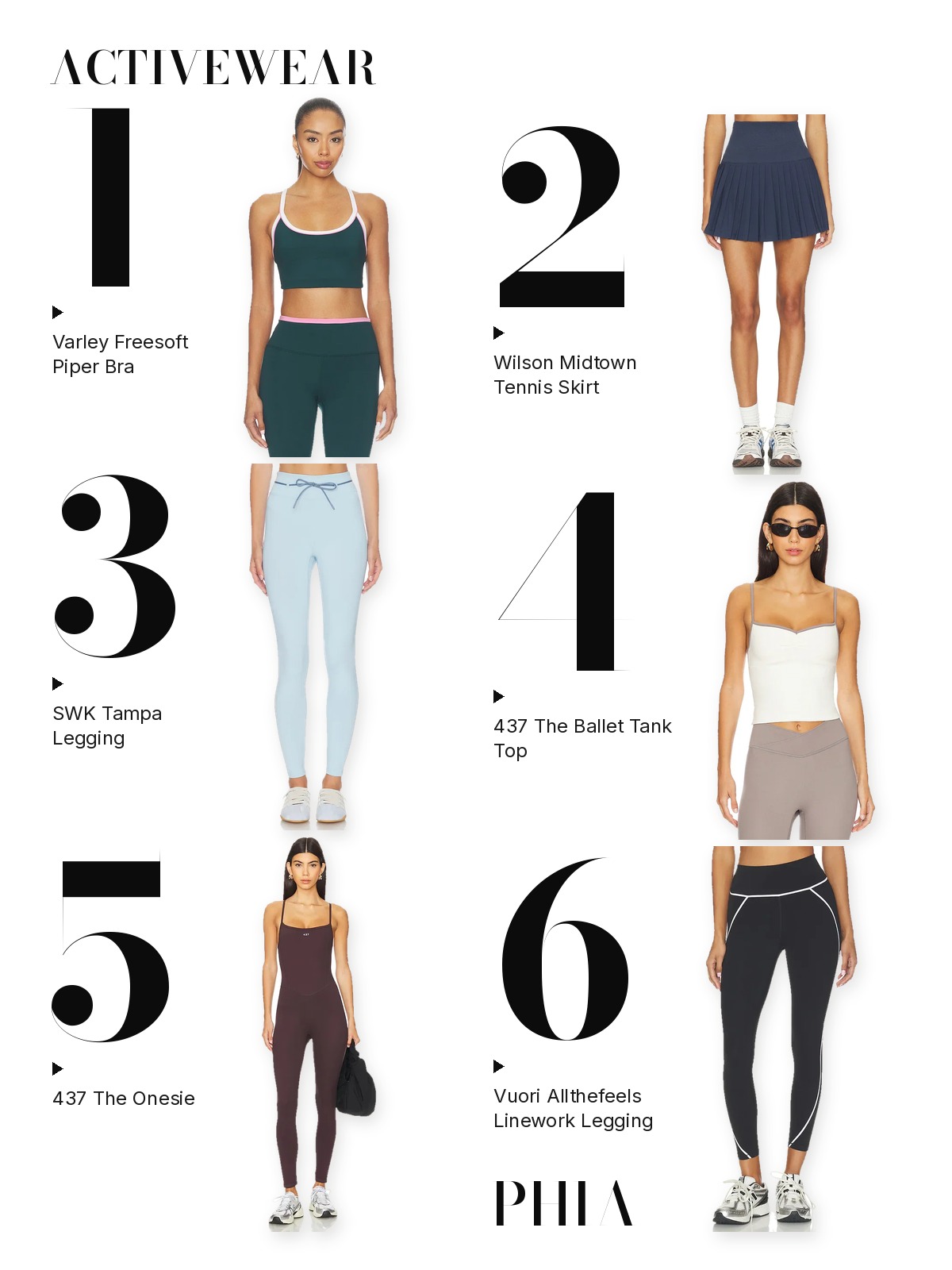 Numbered collage of six activewear from this edit: Varley Freesoft Piper Bra, Wilson Midtown Tennis Skirt, SWK Tampa Legging, 437 The Ballet Tank Top, 437 The Onesie and Vuori Allthefeels Linework Legging.