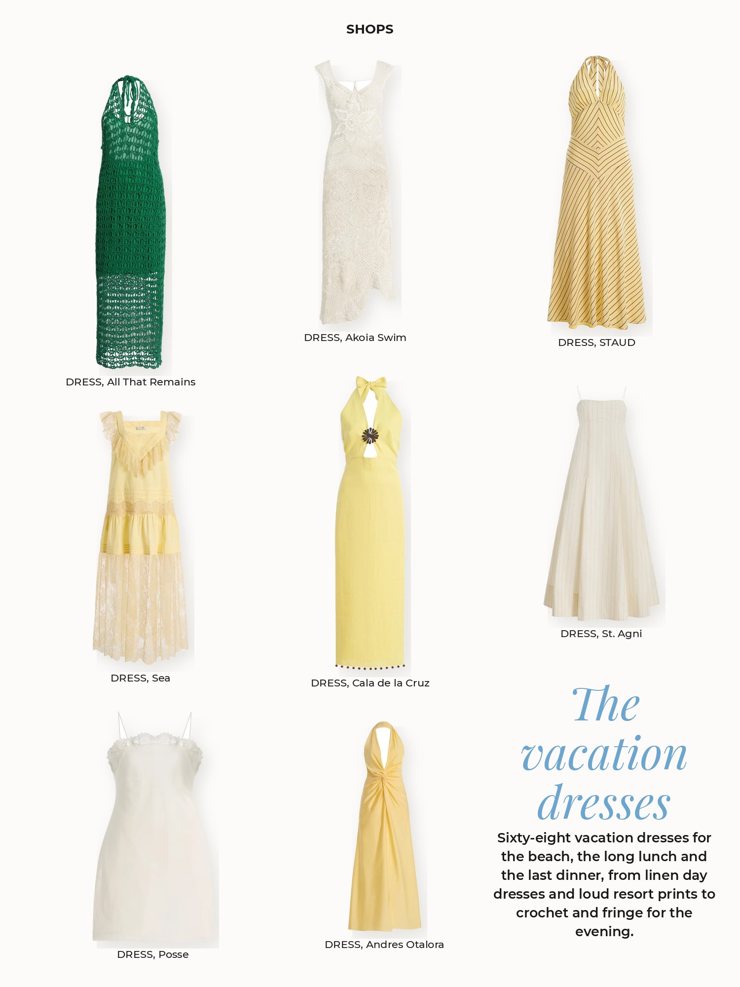Vacation dresses collage: Akoia Swim, All That Remains, Andres Otalora, Cala de la Cruz, Posse, STAUD, Sea, St. Agni
