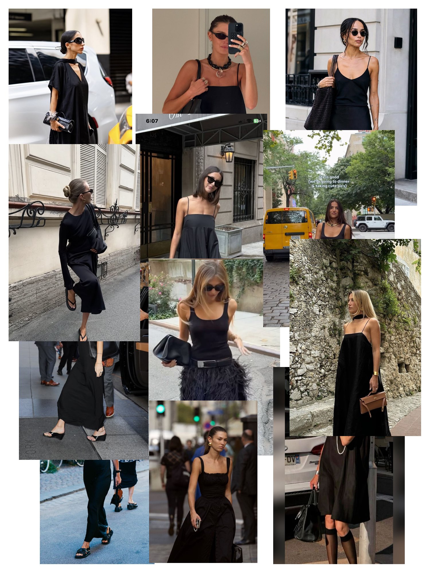 Street-style collage of 12 outfit photos featuring black dress, scattered and overlapping