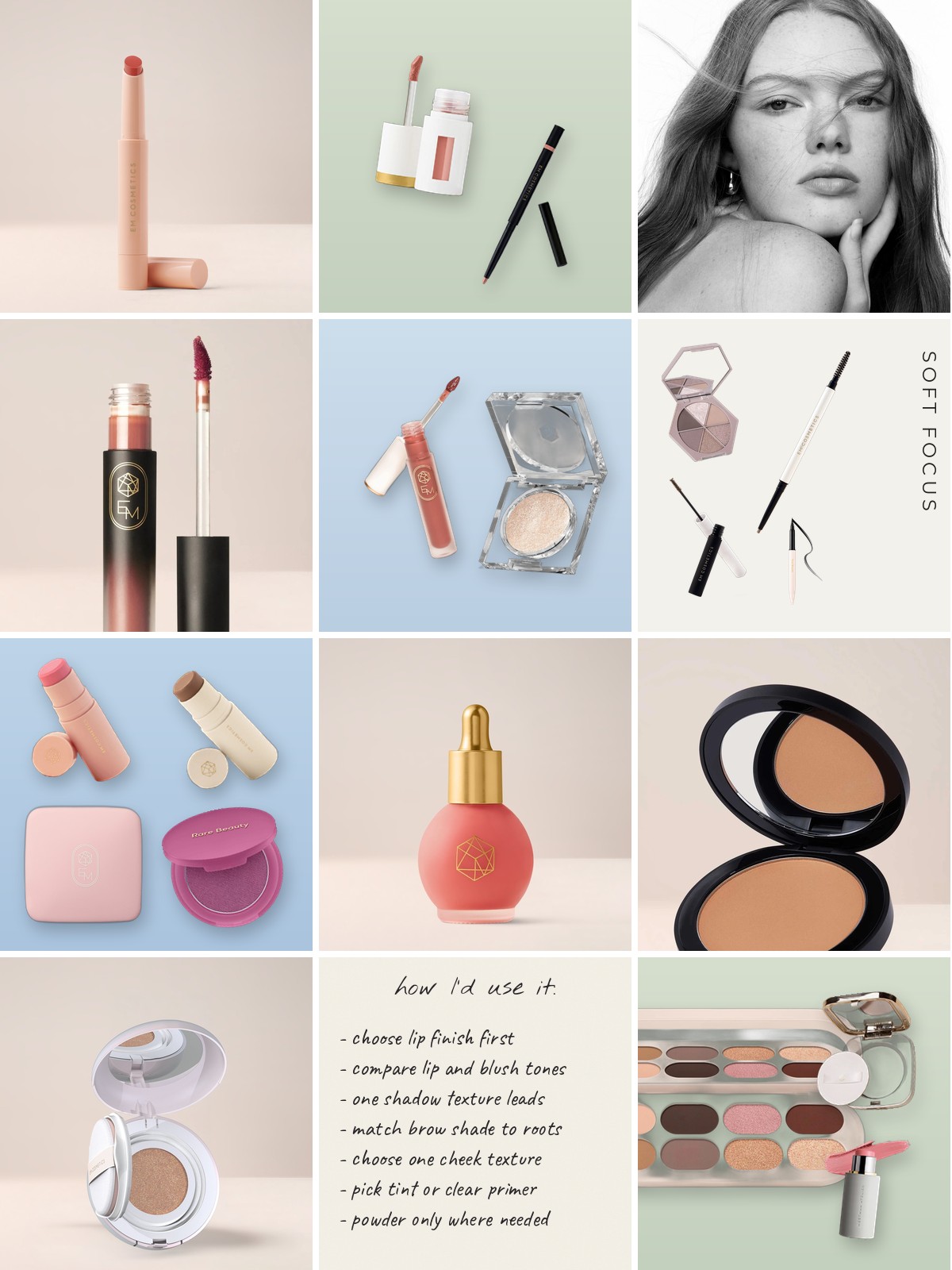 Collage: twenty EM Cosmetics products with a how I would use it note