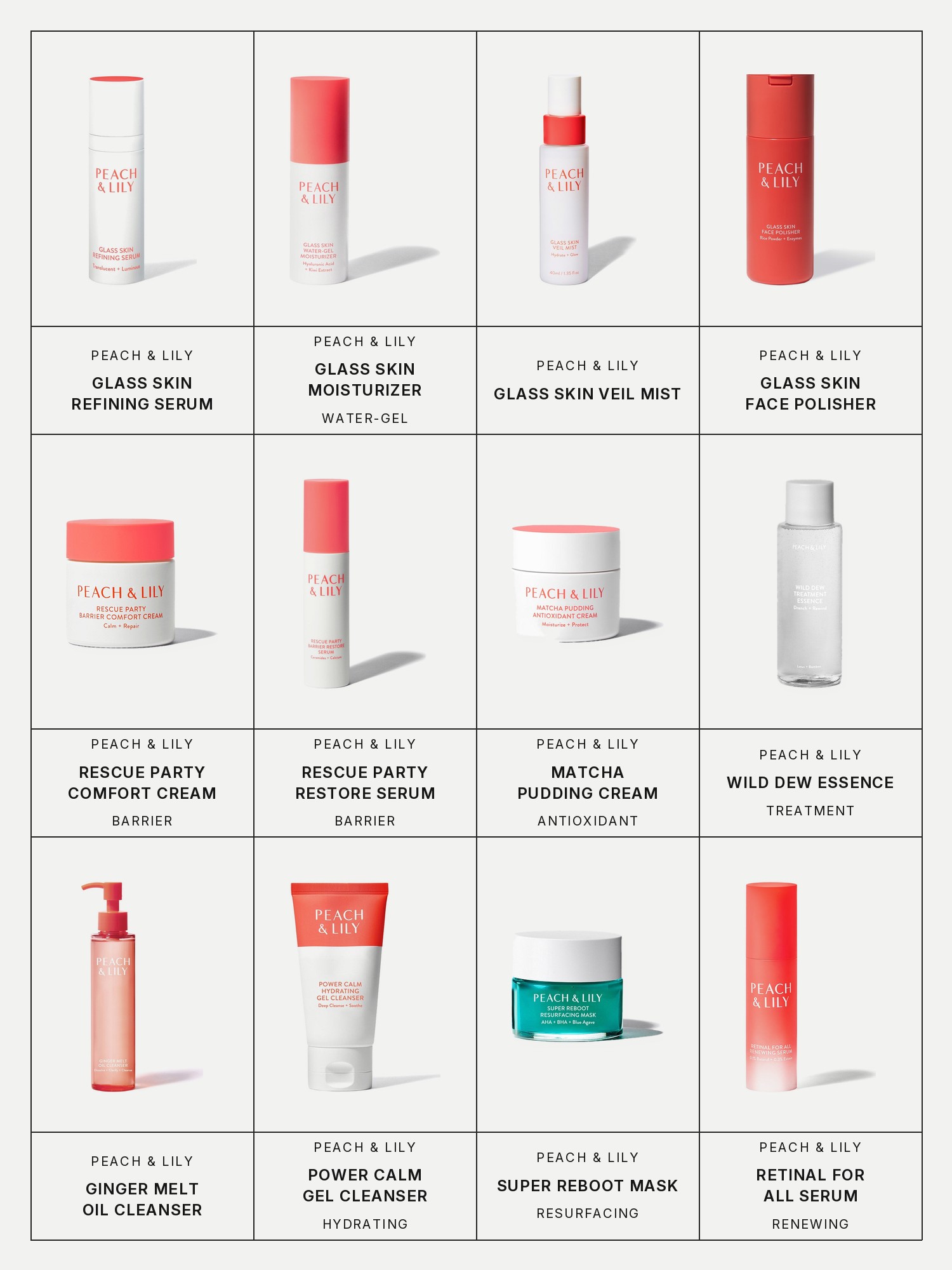 Twelve boxes on a pale grey page, one for each product in this edit, each with its brand and name printed below: Peach & Lily Glass Skin Refining Serum, Peach & Lily Glass Skin Water-Gel Moisturizer, Peach & Lily Glass Skin Veil Mist, Peach & Lily Glass Skin Face Polisher, Peach & Lily Rescue Party Barrier Comfort Cream, Peach & Lily Rescue Party Barrier Restore Serum, Peach & Lily Matcha Pudding Antioxidant Cream, Peach & Lily Wild Dew Treatment Essence, Peach & Lily Ginger Melt Oil Cleanser, Peach & Lily Power Calm Hydrating Gel Cleanser, Peach & Lily Super Reboot Resurfacing Mask and Peach & Lily Retinal For All Renewing Serum.
