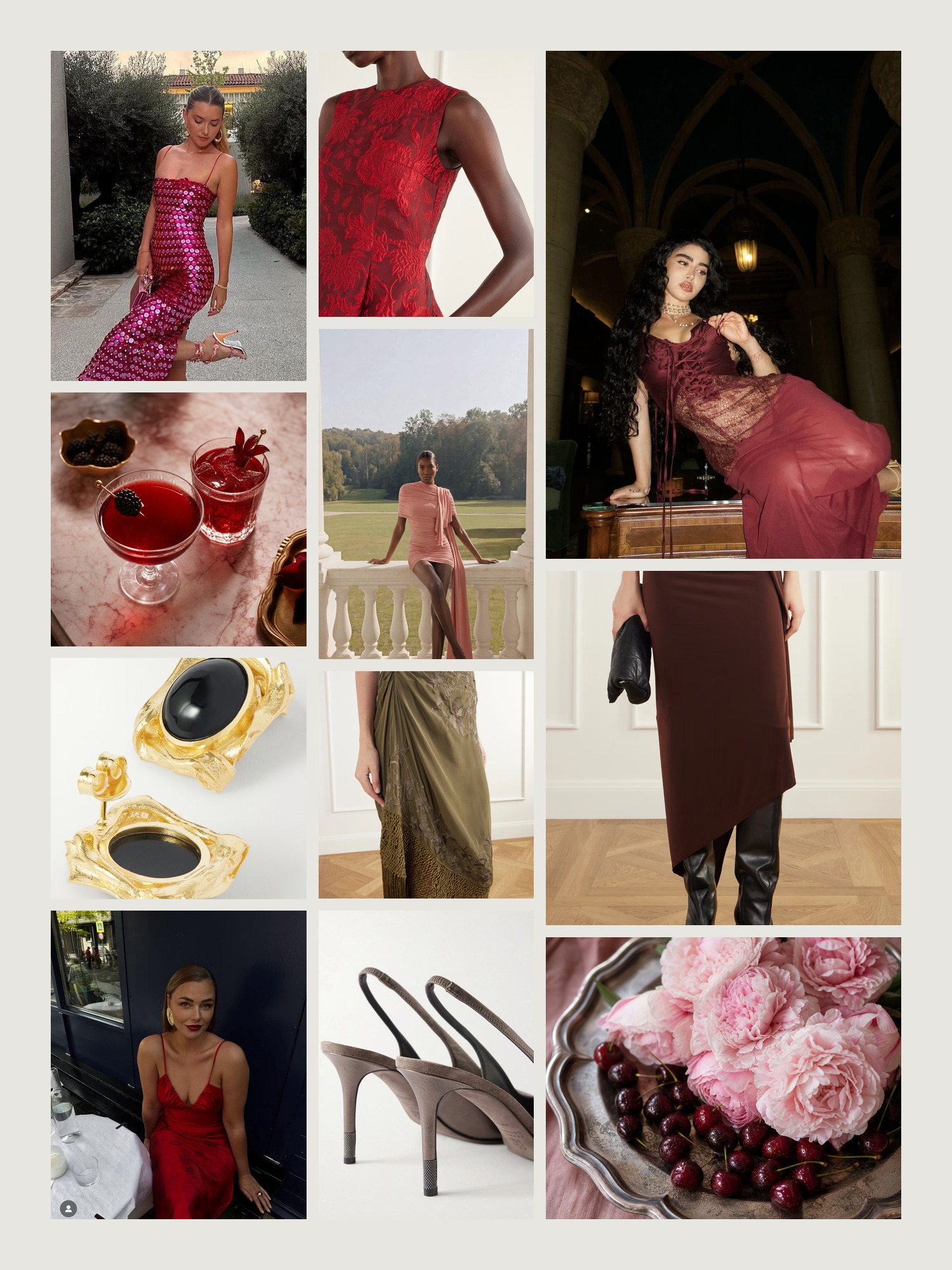 Mood board of cocktail attire in garnet and blush