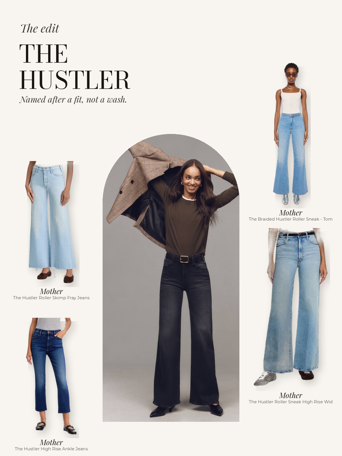 Mother Hustler jeans in light and dark washes around an editorial photo