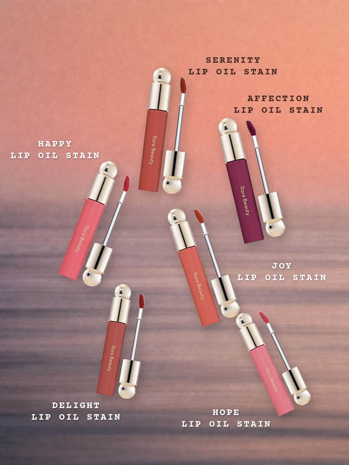 Floating-products collage featuring Rare Beauty Soft Pinch Tinted Lip Oil Stains in Serenity, Affection, Happy, Joy, Delight, and Hope.