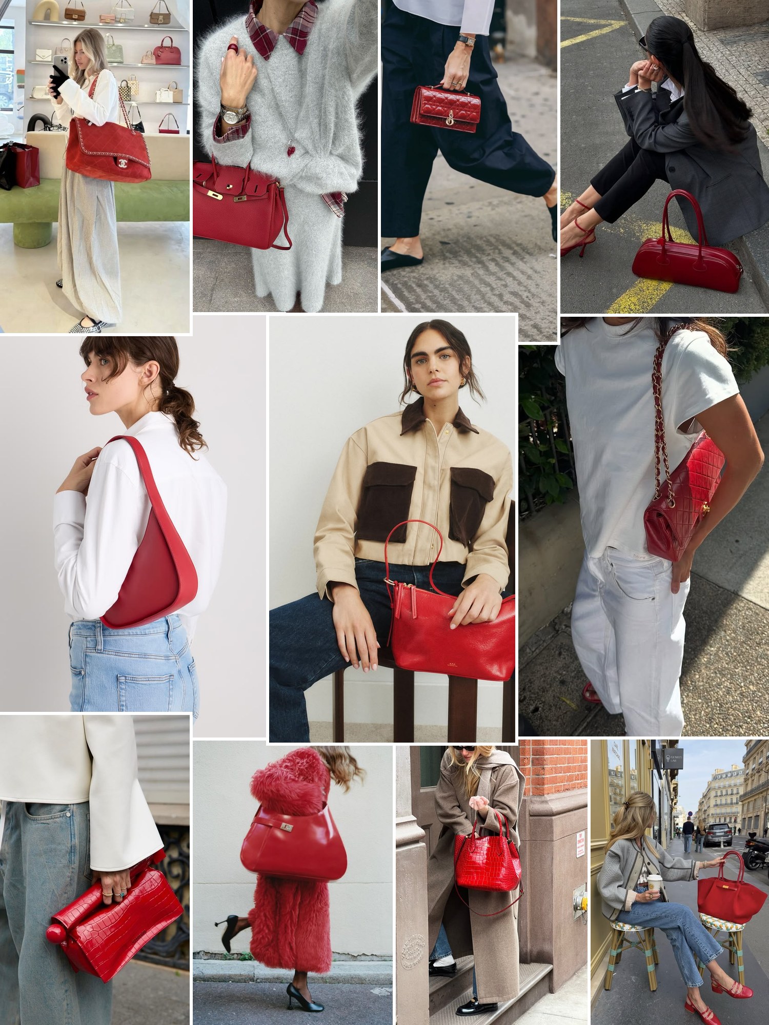 Collage of red handbags in fall outfits