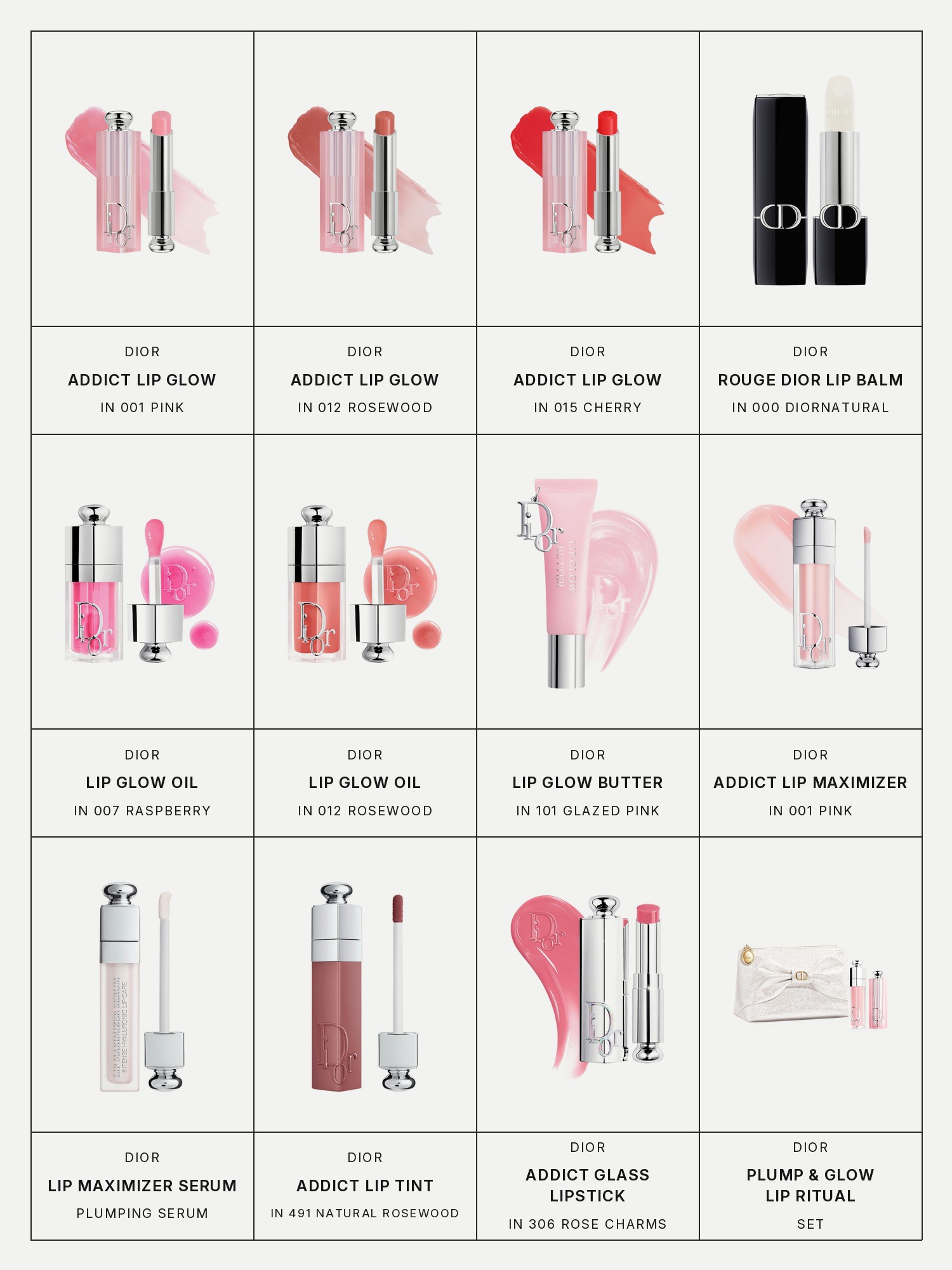 Twelve boxes on a pale gray page, one for each product in this edit, each with its brand and name printed below: Dior Addict Lip Glow Balm in 001 Pink, Dior Addict Lip Glow Balm in 012 Rosewood, Dior Addict Lip Glow Balm in 015 Cherry, Dior Rouge Dior Lip Balm, Dior Lip Glow Oil Hydrating High-Shine Gloss in 007 Raspberry, Dior Lip Glow Oil Hydrating High-Shine Gloss in 012 Rosewood, Dior Lip Glow Butter Hydrating Gloss Balm in 101 Glazed Pink, Dior Addict Lip Maximizer Plumping Gloss in 001 Pink, Dior Lip Maximizer Serum, Dior Addict Lip Tint in 491 Natural Rosewood, Dior Addict Glass Lipstick Ultra-Shine Hydrating Lip Gloss Stick in 306 Rose Charms and Dior Plump & Glow Pink Lip Ritual Set.