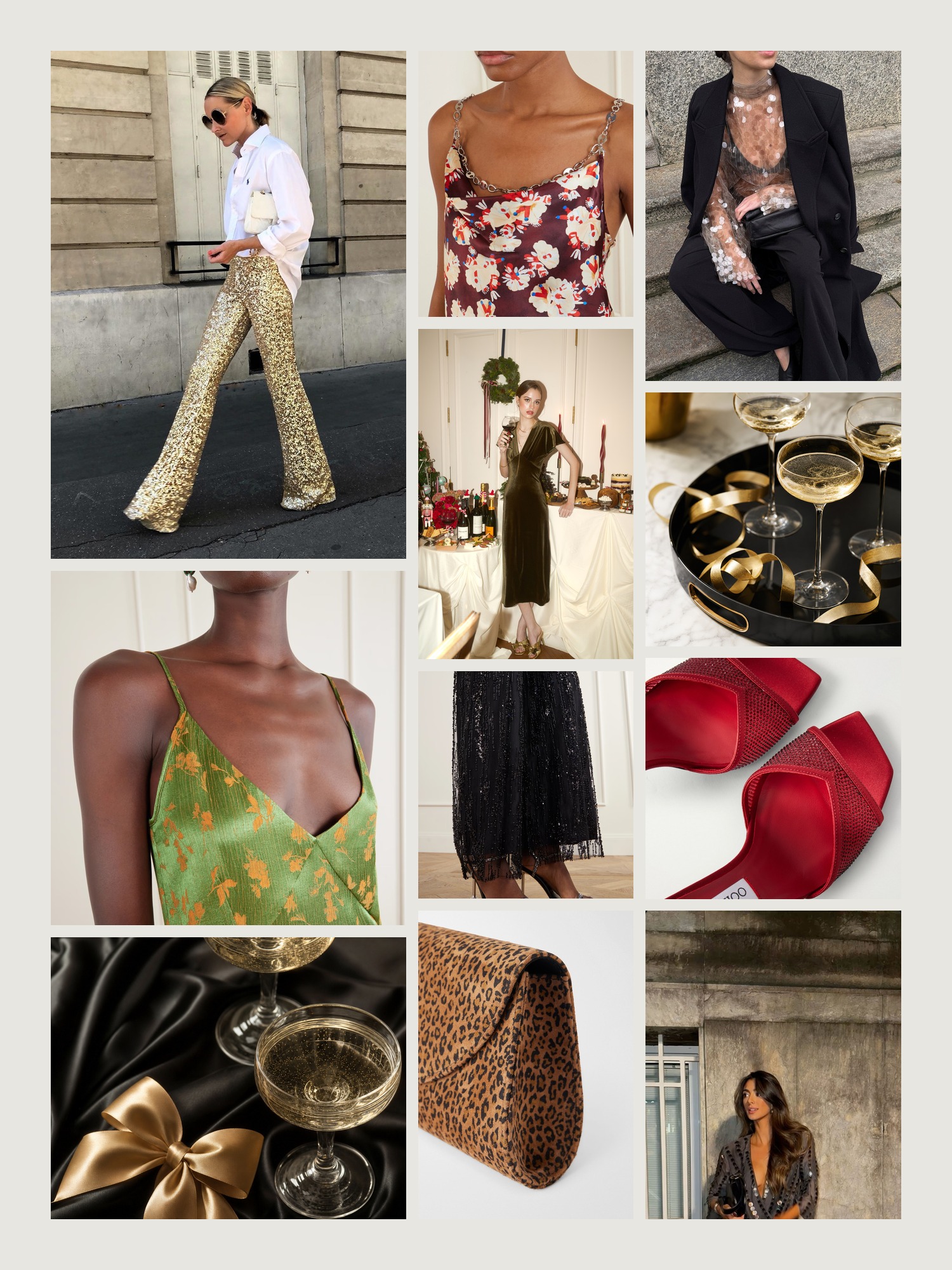 Mood board of holiday party outfit in champagne and black