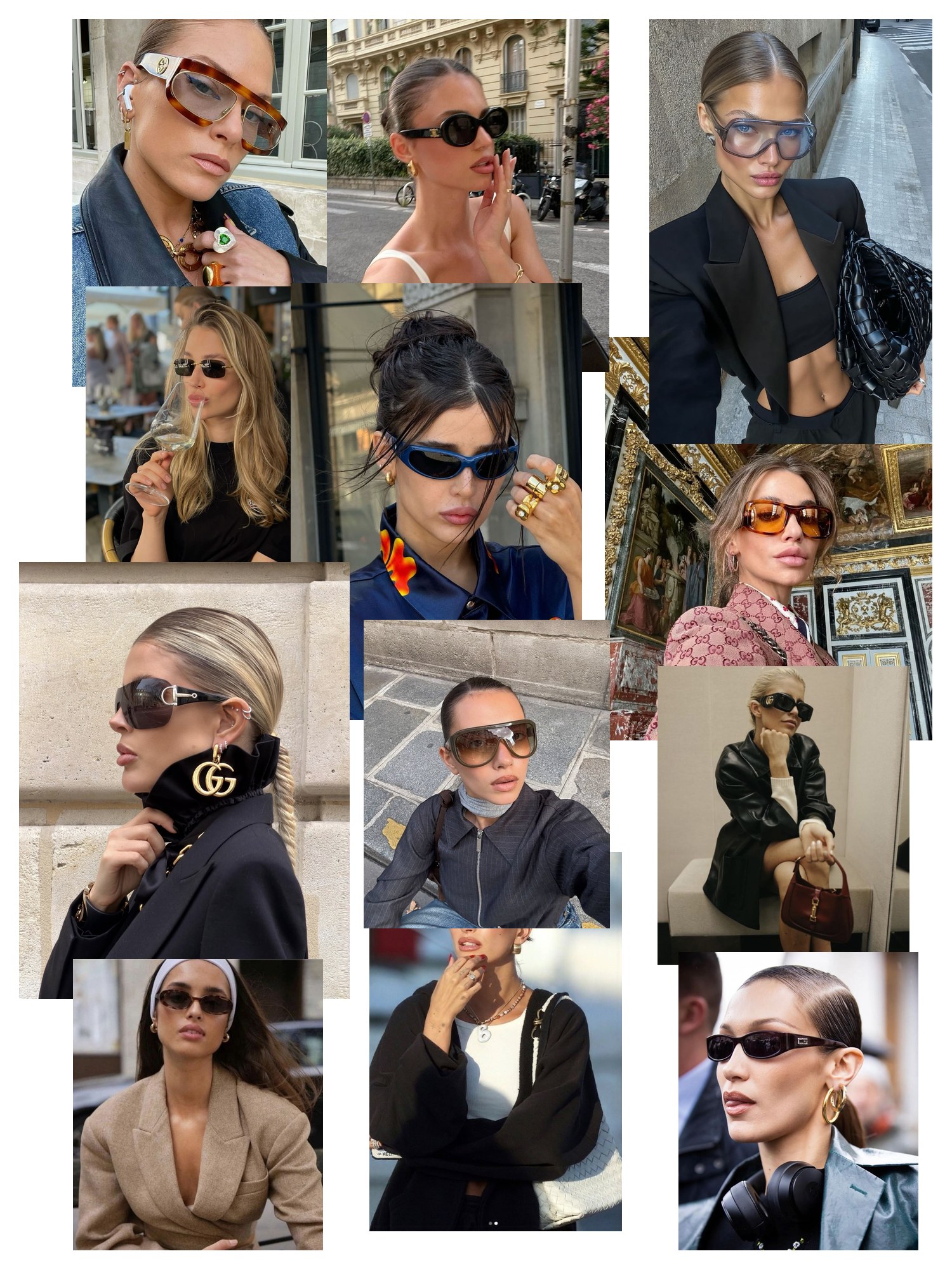 Collage of twelve street-style and editorial photos featuring Gucci Sunglasses, scattered and overlapping