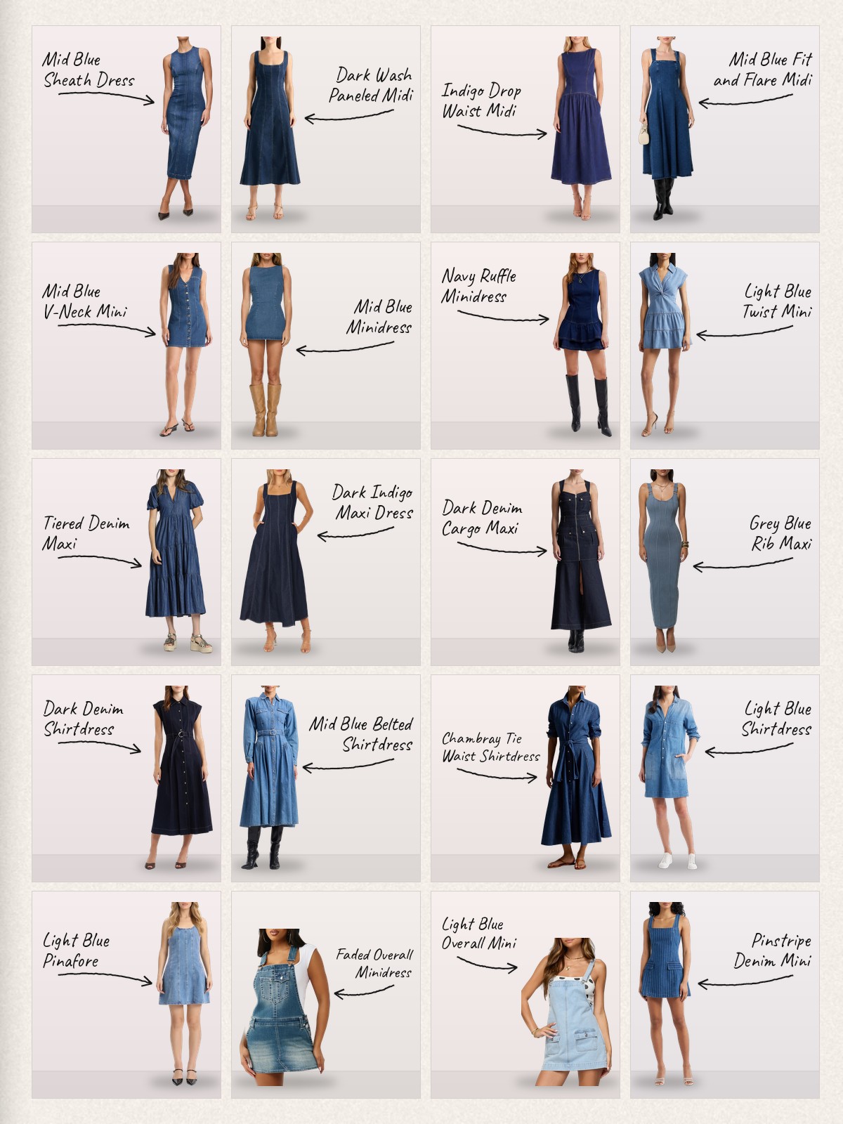 Collage of 20 pieces for denim dresses