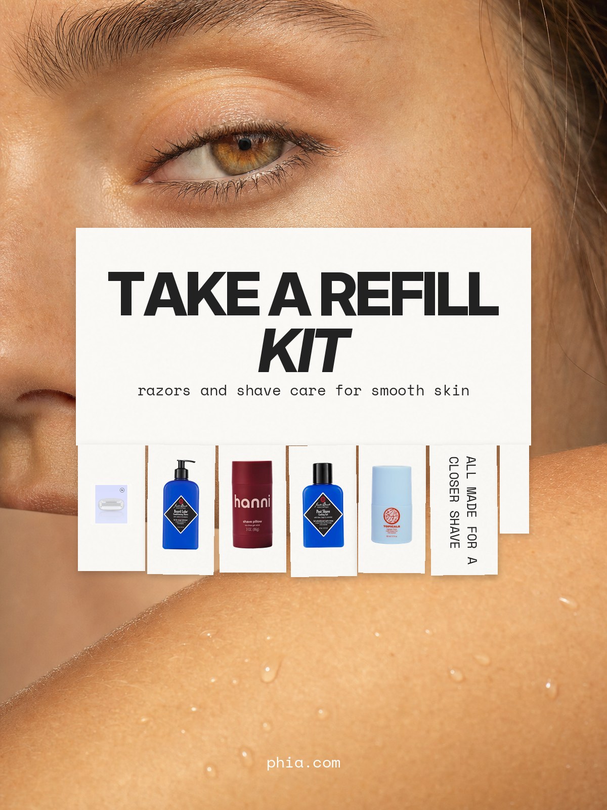 Tear-off flyer collage with Billie razor refills, a Hanni shave gel stick, and Jack Black shaving products.