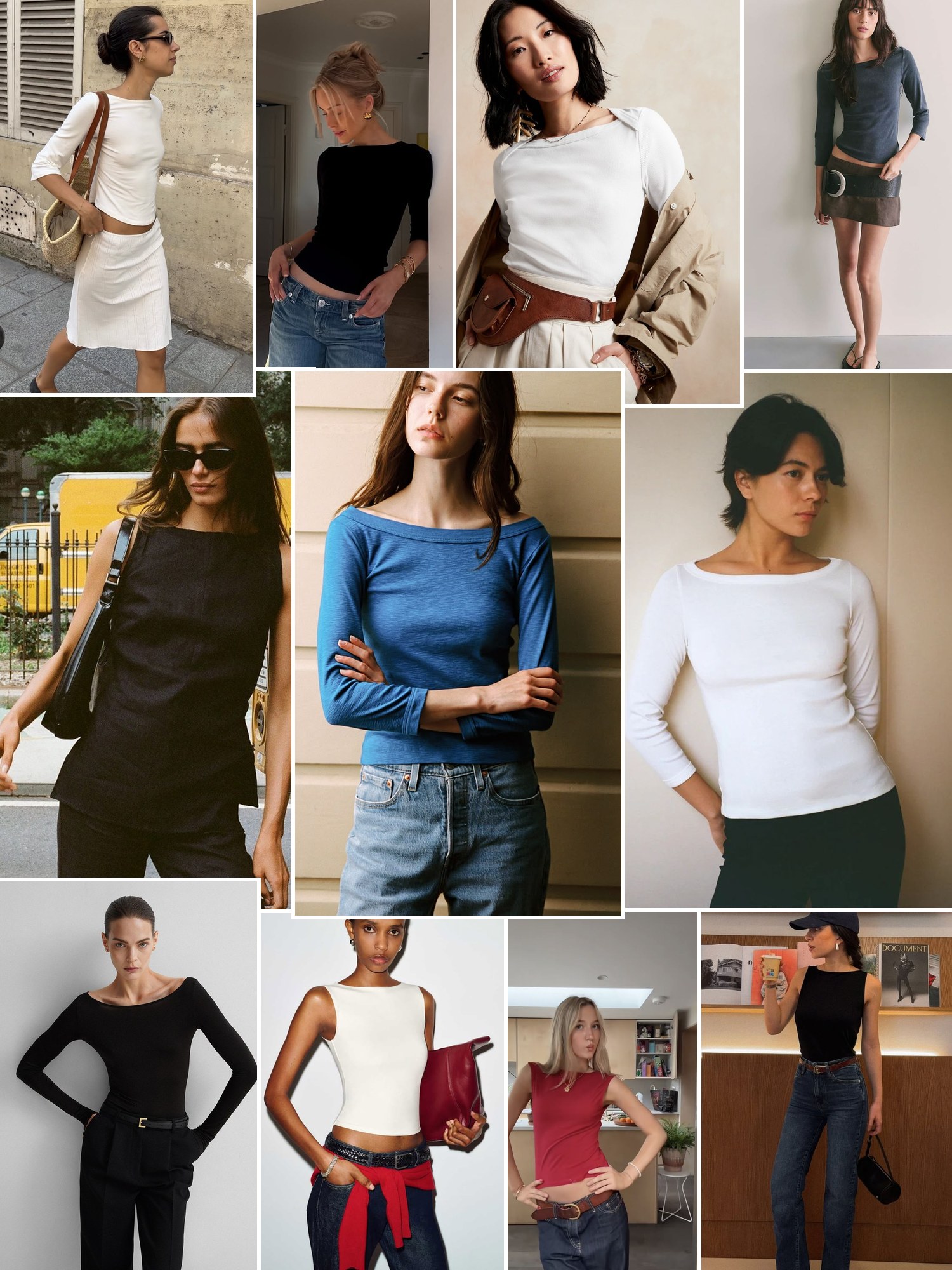 Collage of boat neck tops with jeans and skirts