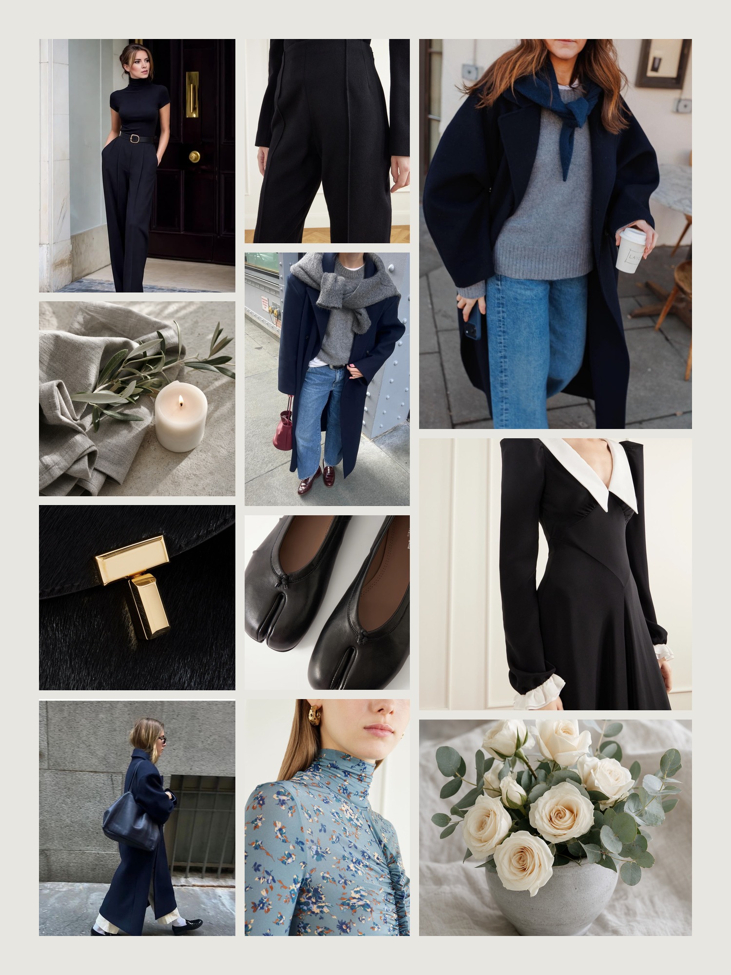 Mood board of funeral outfit in soft dove grey, sage and cream