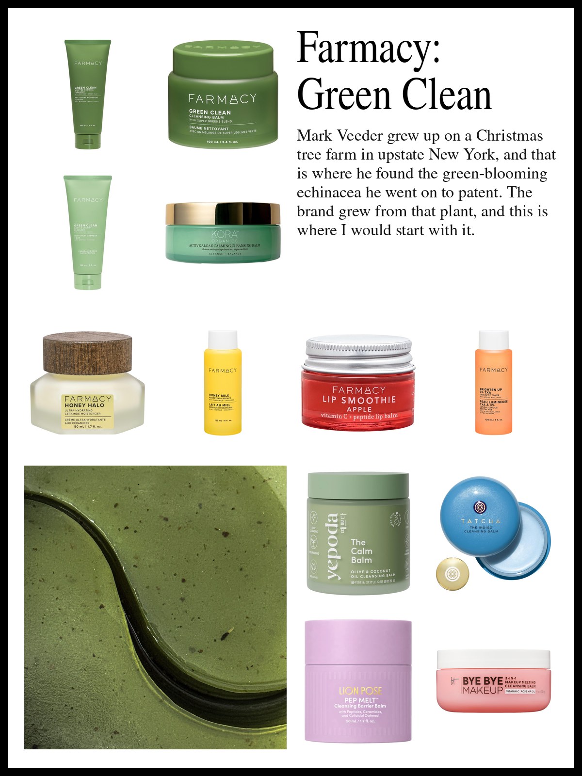Collage of cleansing balms, foaming and creamy cleansers, toners and moisturizers beside a photo of green leaves in soft light and a mood photo of glossy green balm texture.