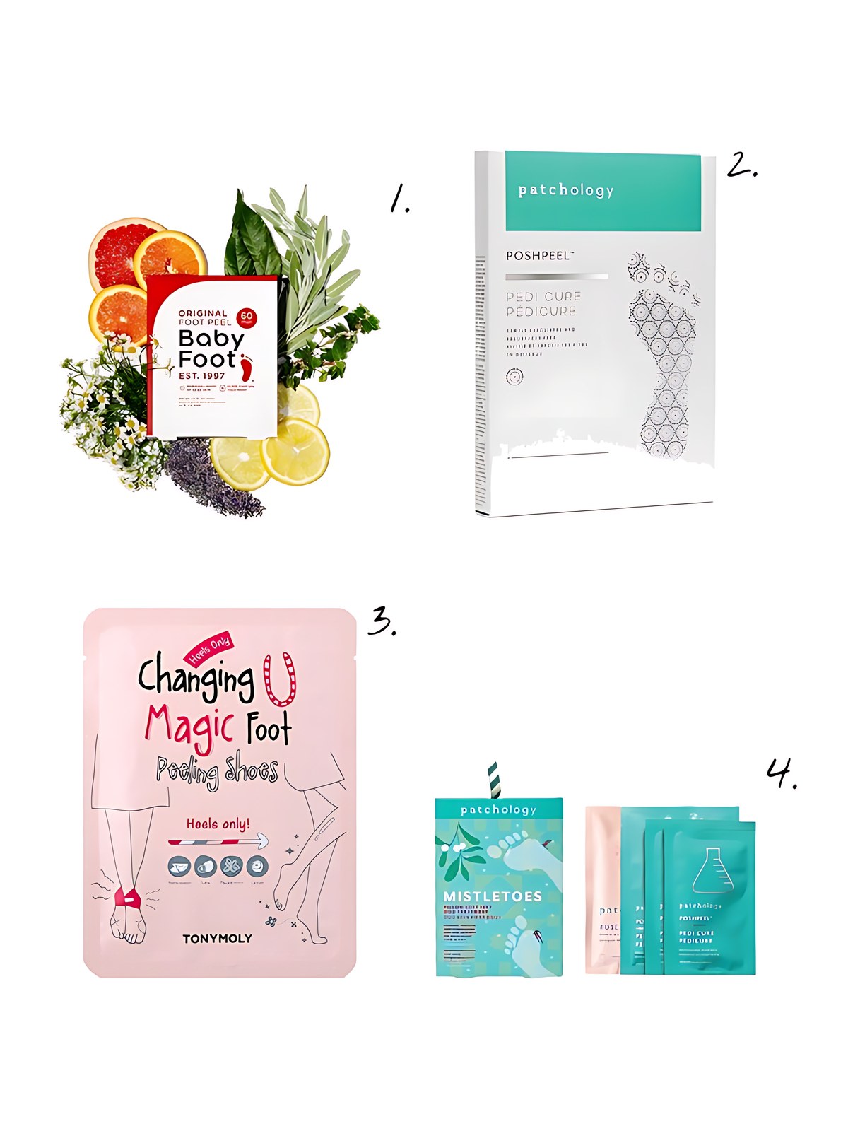 Numbered collage: 1. Baby Foot Original Exfoliation Foot Peel; 2. Patchology Single Treatment PoshPeel Pedi Cure; 3. TONYMOLY Changing U Magic Foot Peeling Shoes - Heels Only; 4. Patchology Mistletoes Foot Mask, 4-Pack