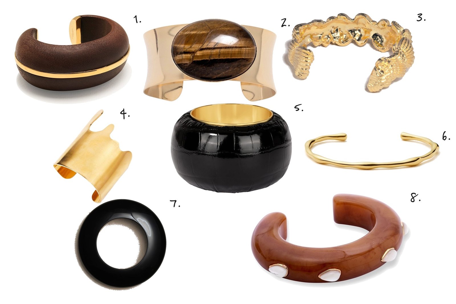 Numbered collage: 1. Lizzie Fortunato Halo Cuff in Acacia Wood; 2. Jennifer Behr Johanna Cuff in Tiger's Eye; 3. Completedworks Buttercream Cuff; 4. SOKO Tiriko Band Cuff; 5. Heaven Mayhem Juno Bangle; 6. Missoma Molten Cuff; 7. Sophie Buhai Onyx Pyramid Bangle; 8. Lizzie Fortunato Ridge Cuff in Mocha and Pearl