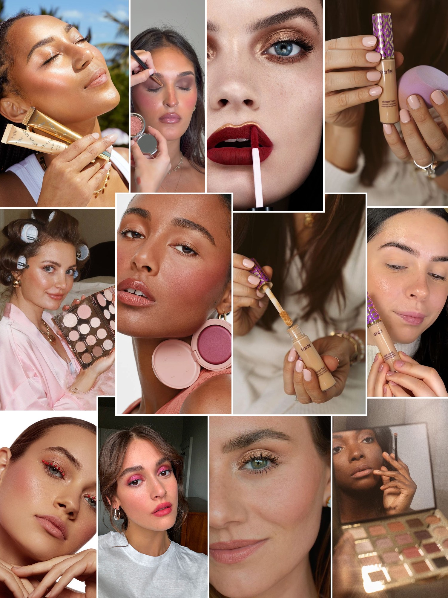 Collage of makeup looks with glossy lips, flushed cheeks, and close up application moments