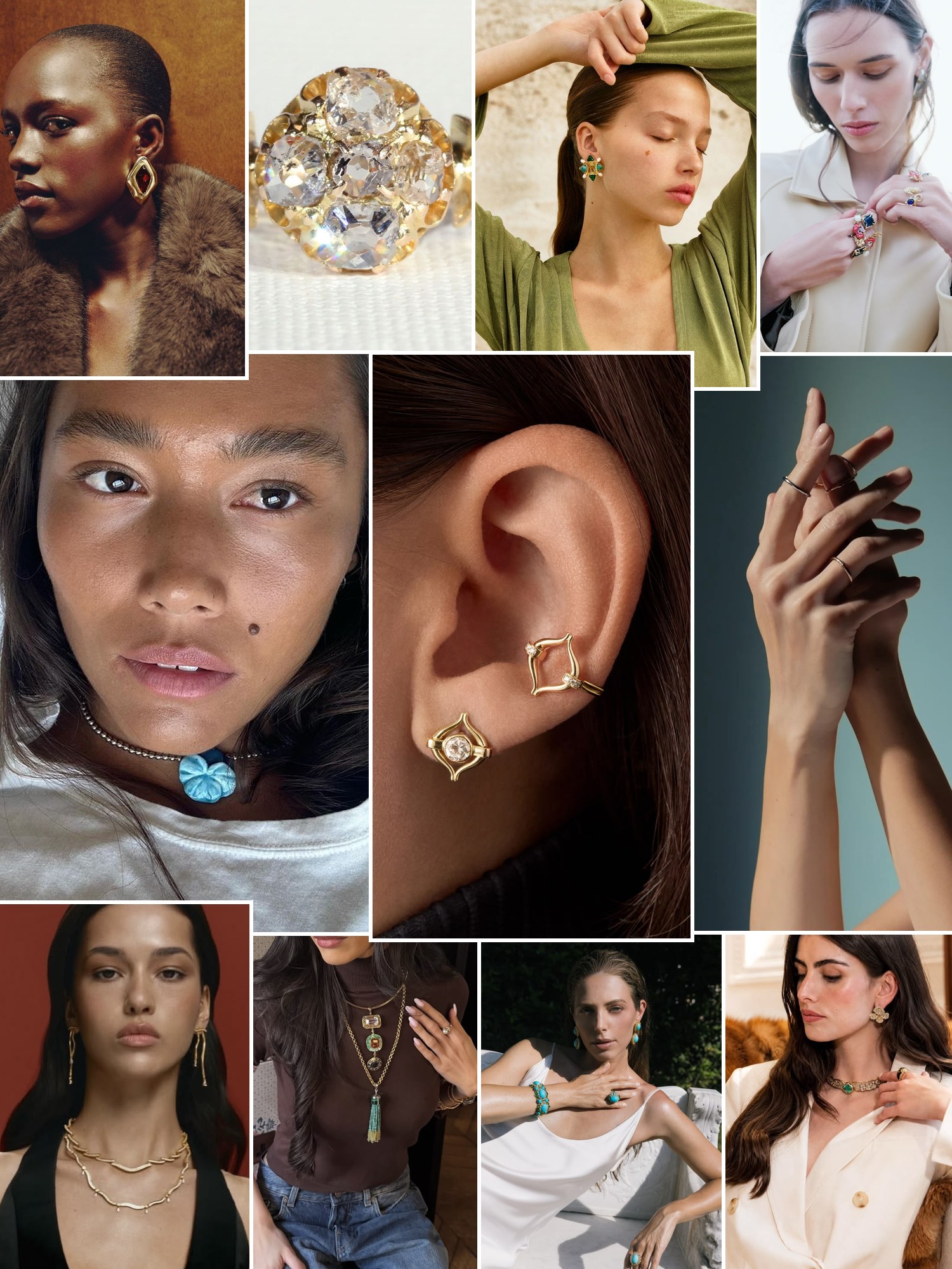 Collage of rings, earrings and layered necklaces worn up close, in the spirit of Mazarin