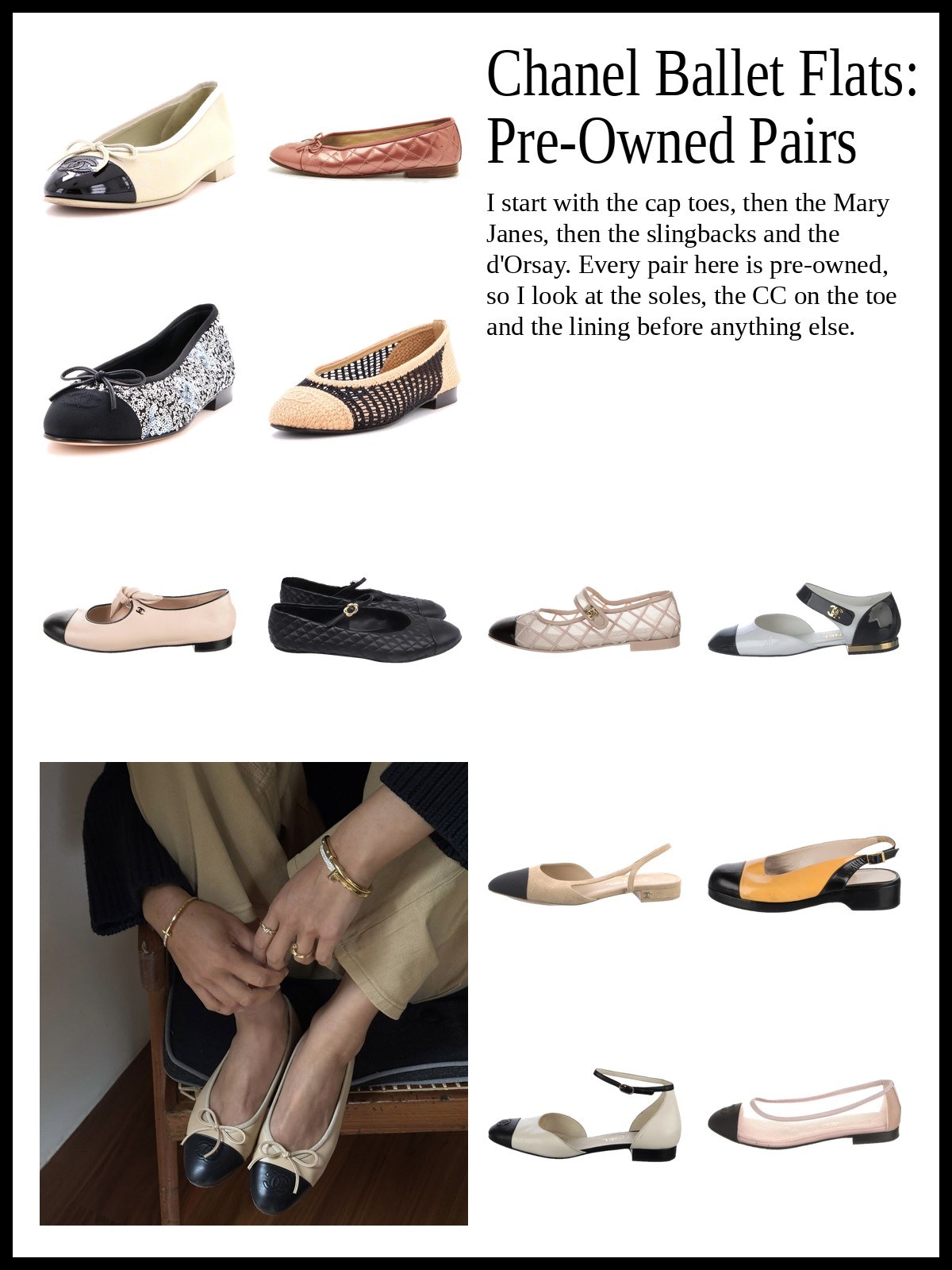 Chanel ballet flats collage: cap toes, Mary Janes and slingbacks