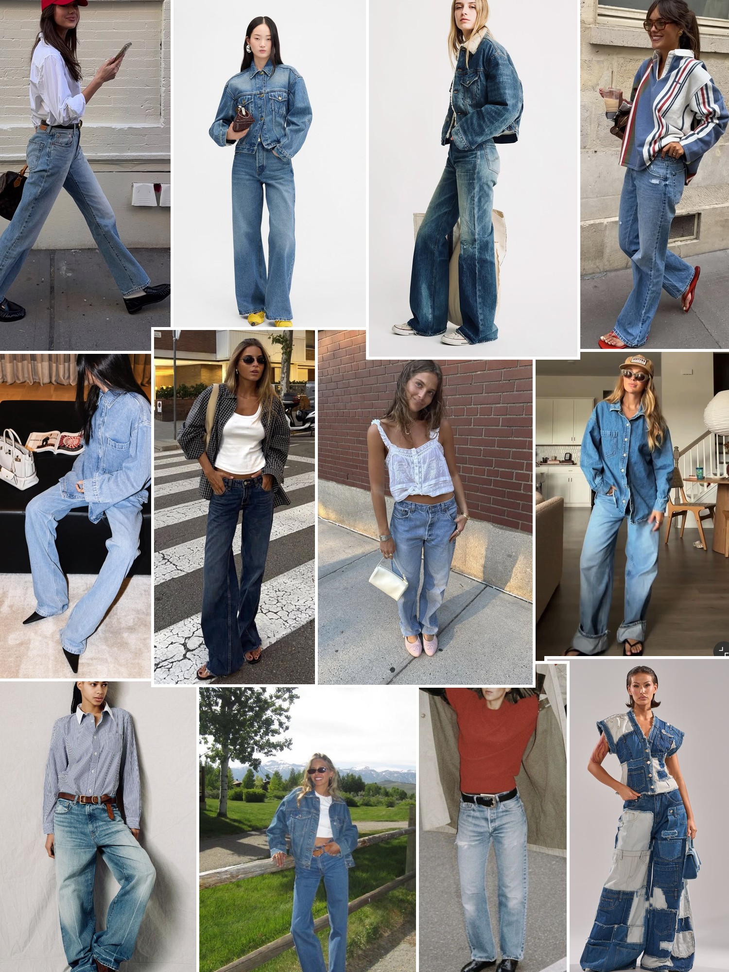 Collage of runway looks, campaign shots and street style outfits that capture the Denimist mood