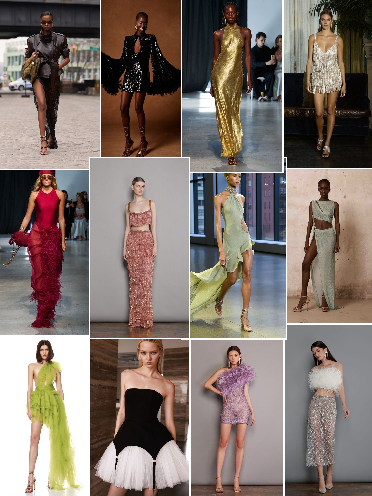 A collage of dramatic occasion dresses, feathered minis, metallic gowns, and runway looks.
