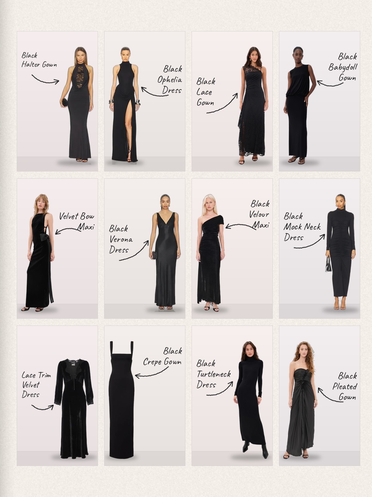 Black Dress Edit collage with picks from Arotagas, Nookie, Helsa and Nbd