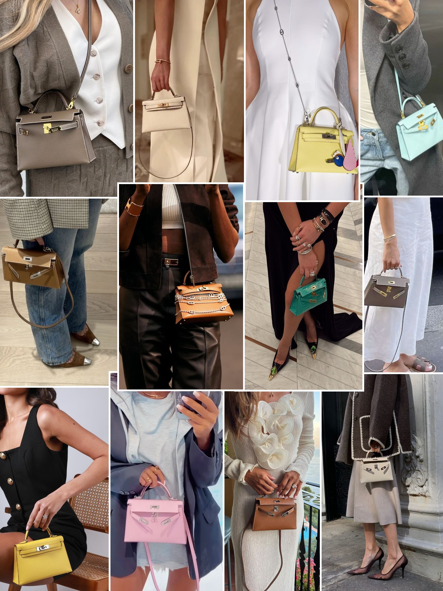 Street style collage of women wearing Hermès Mini Kelly