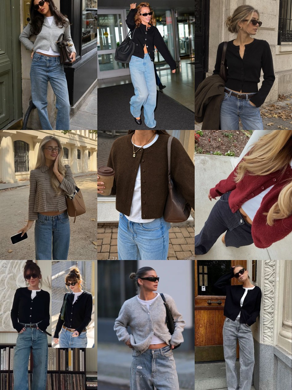 Street style collage of women wearing cropped cardigans with jeans and skirts
