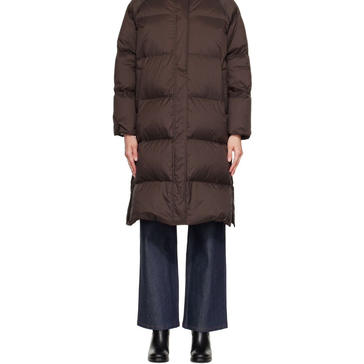 Brown Waterproof Technical Lambswool Trim Long Down Jacket