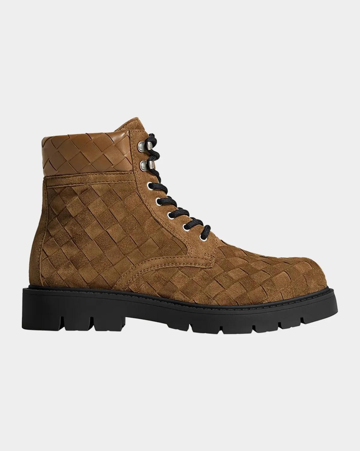 Bottega Veneta Men's Haddock Intrecciato Suede Lace-Up Boots