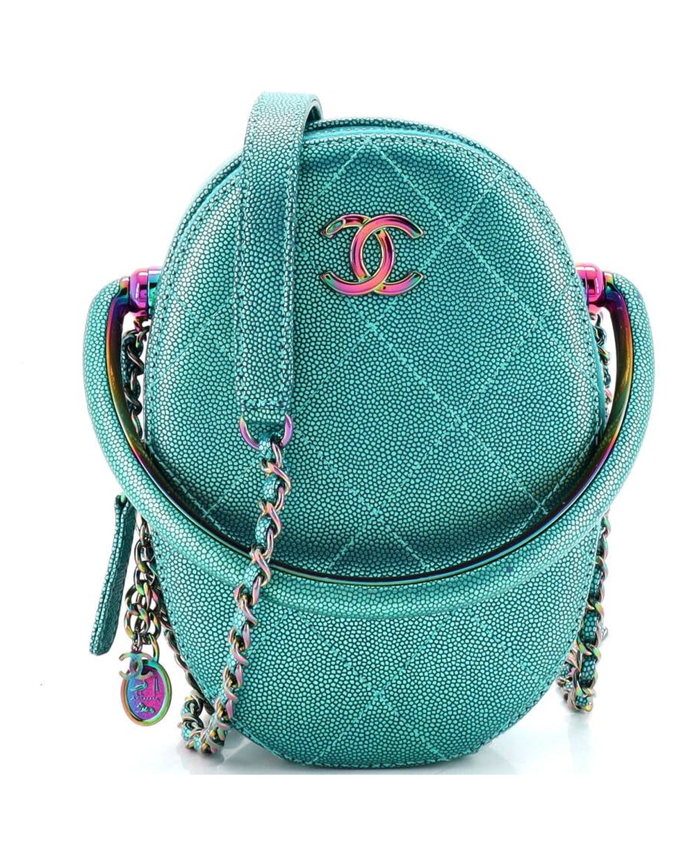 Top Handle Oval Vanity Case with Chain Quilted Iridescent Caviar with Gradient Hardware