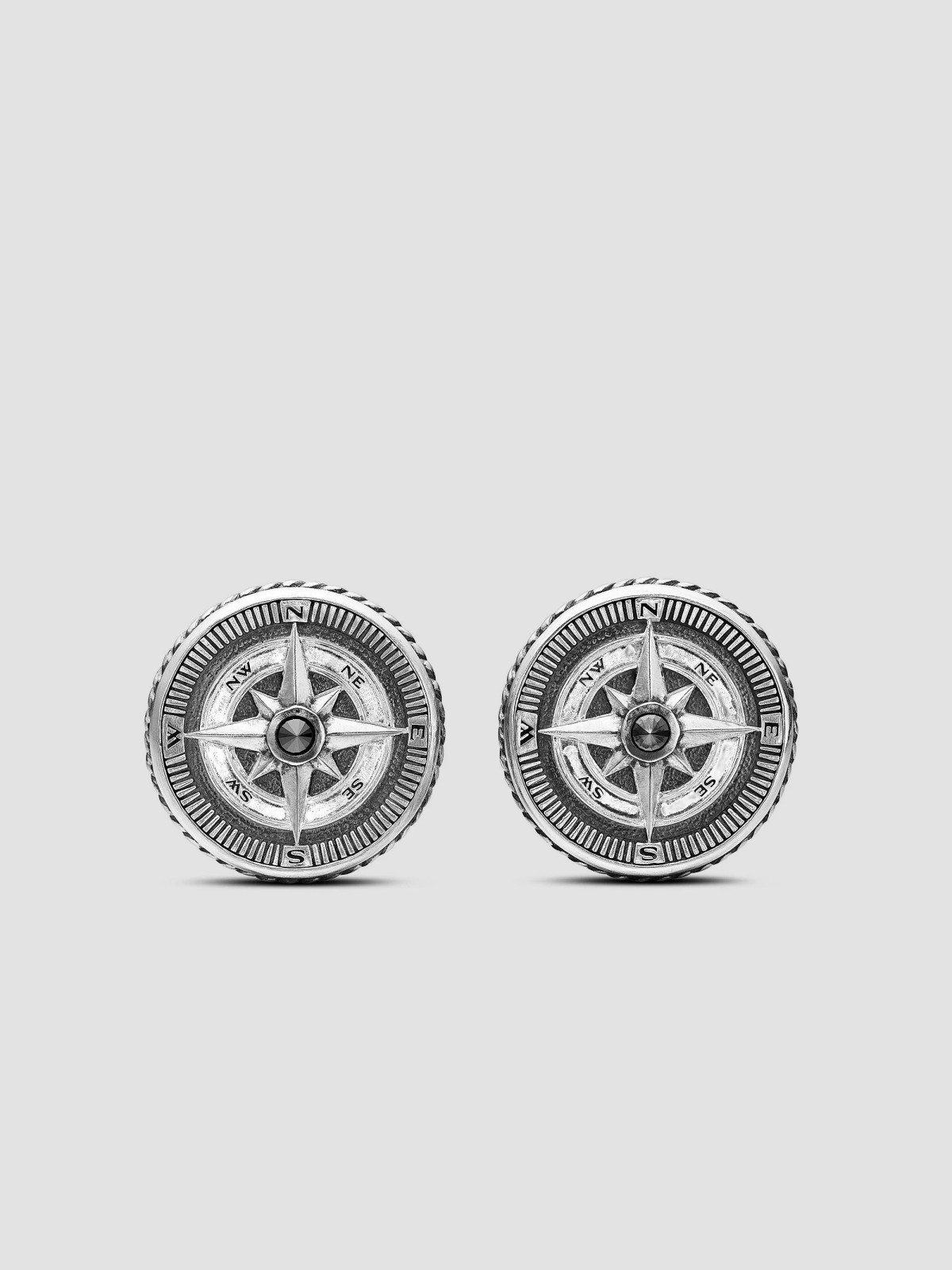 Maritime Compass Cufflinks in Sterling Silver with Center Black Diamond, 16mm