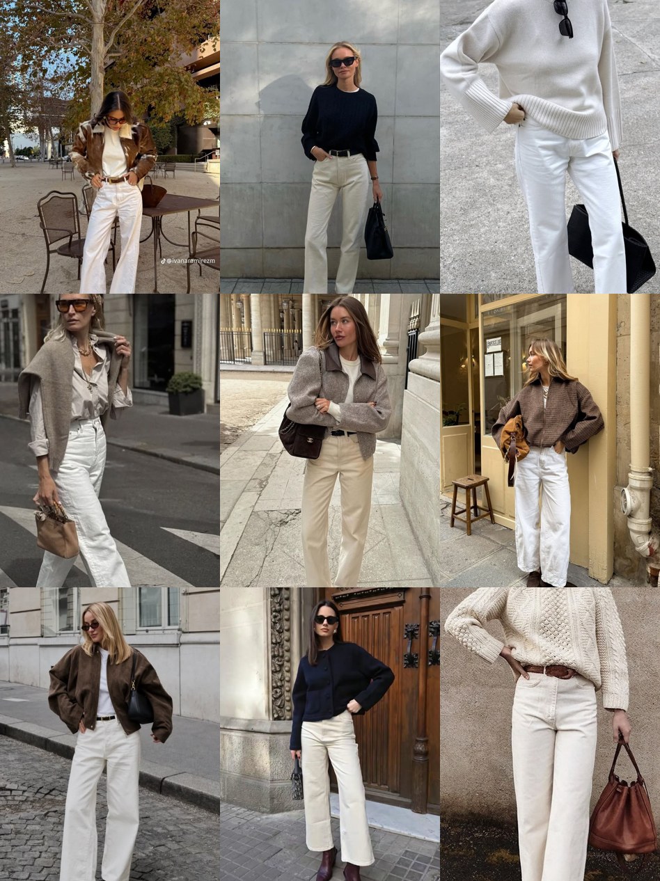 Street style collage of women wearing white jeans with sweaters, coats and boots