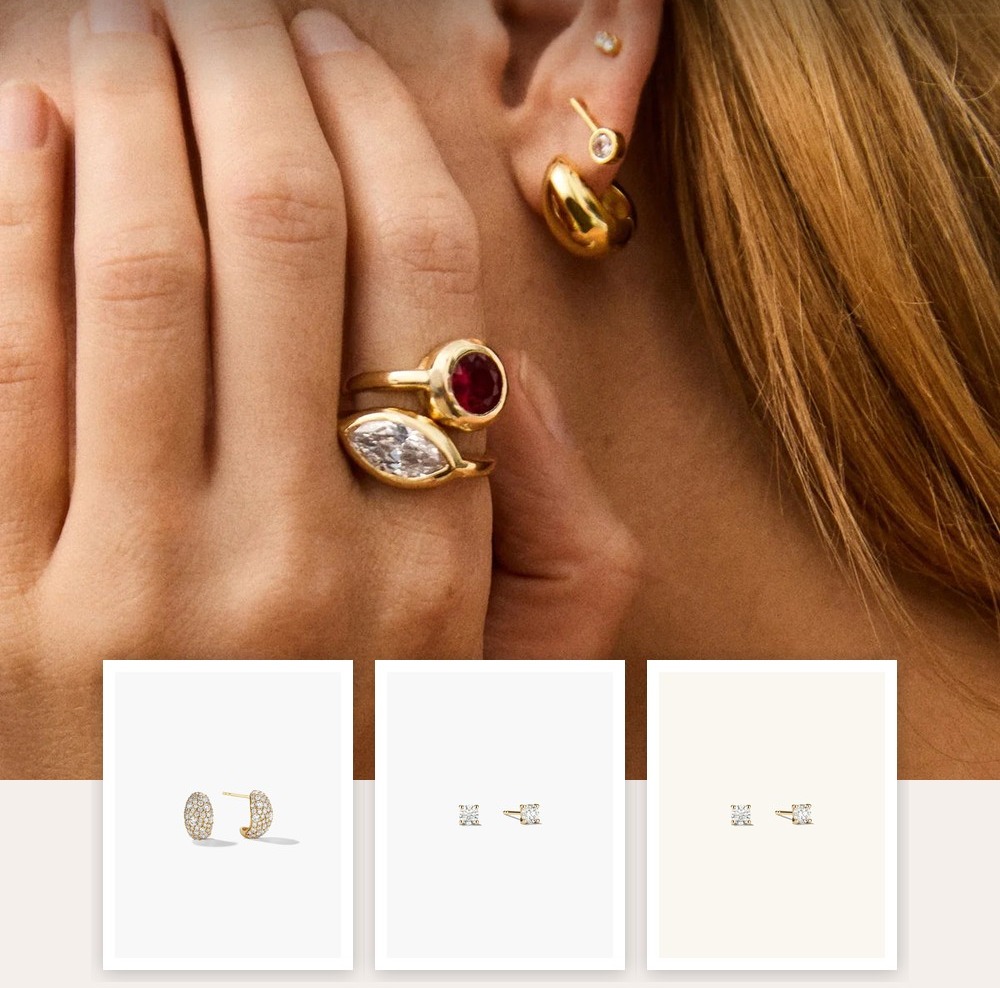 A collage of jewelry pieces from the Building a Curated Ear Slowly edit, including items from Aurate New York, BaubleBar, Jenny Bird, Mejuri.