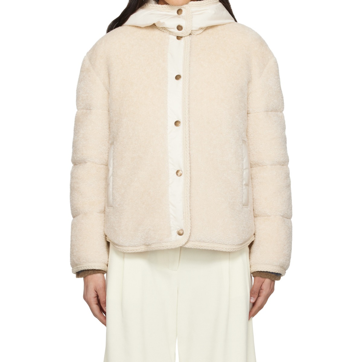 Beige Ciboulette Braided Trim Teddy Hooded Down Jacket