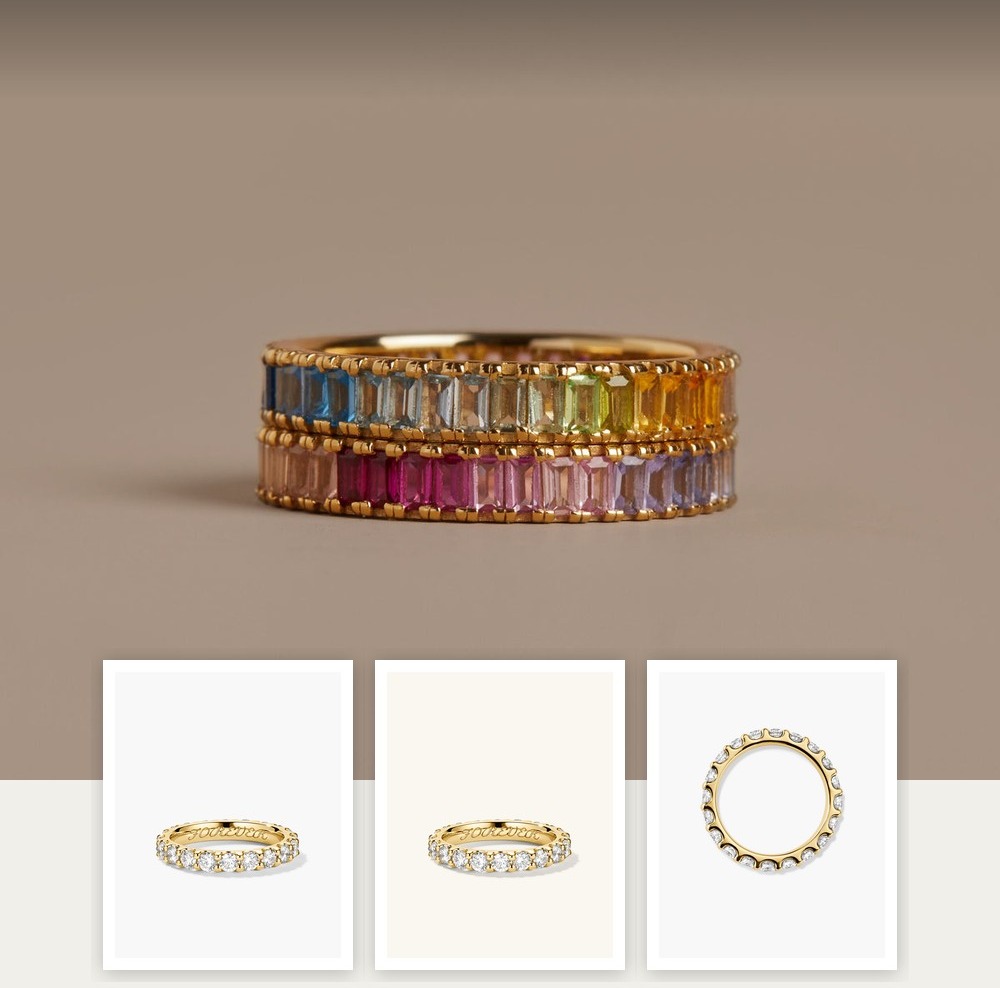 A collage of jewelry pieces from the The Eternity Band Outside a Wedding edit, including items from Aurate New York, Mejuri.