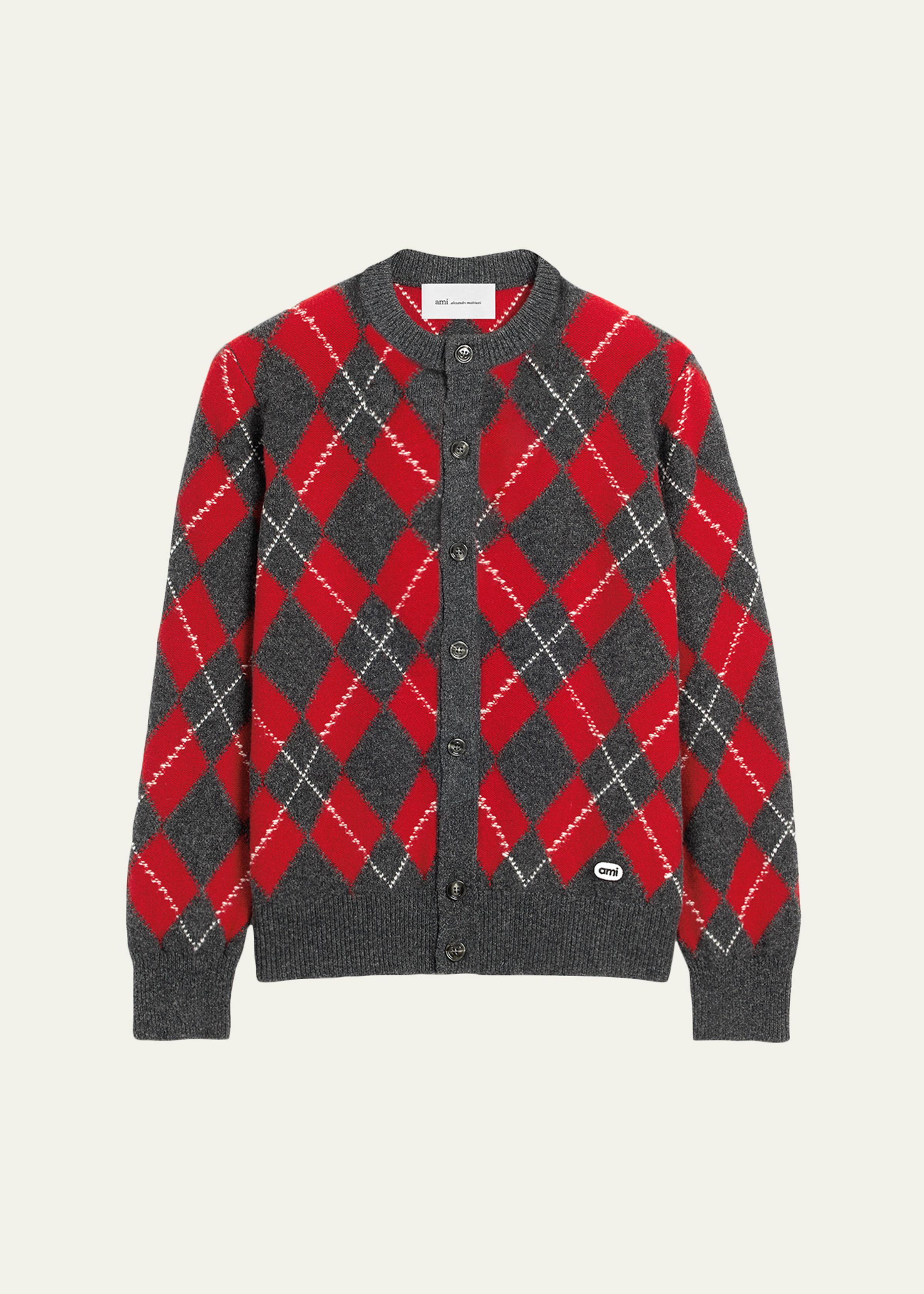 Men's Argyle Wool Crewneck Cardigan