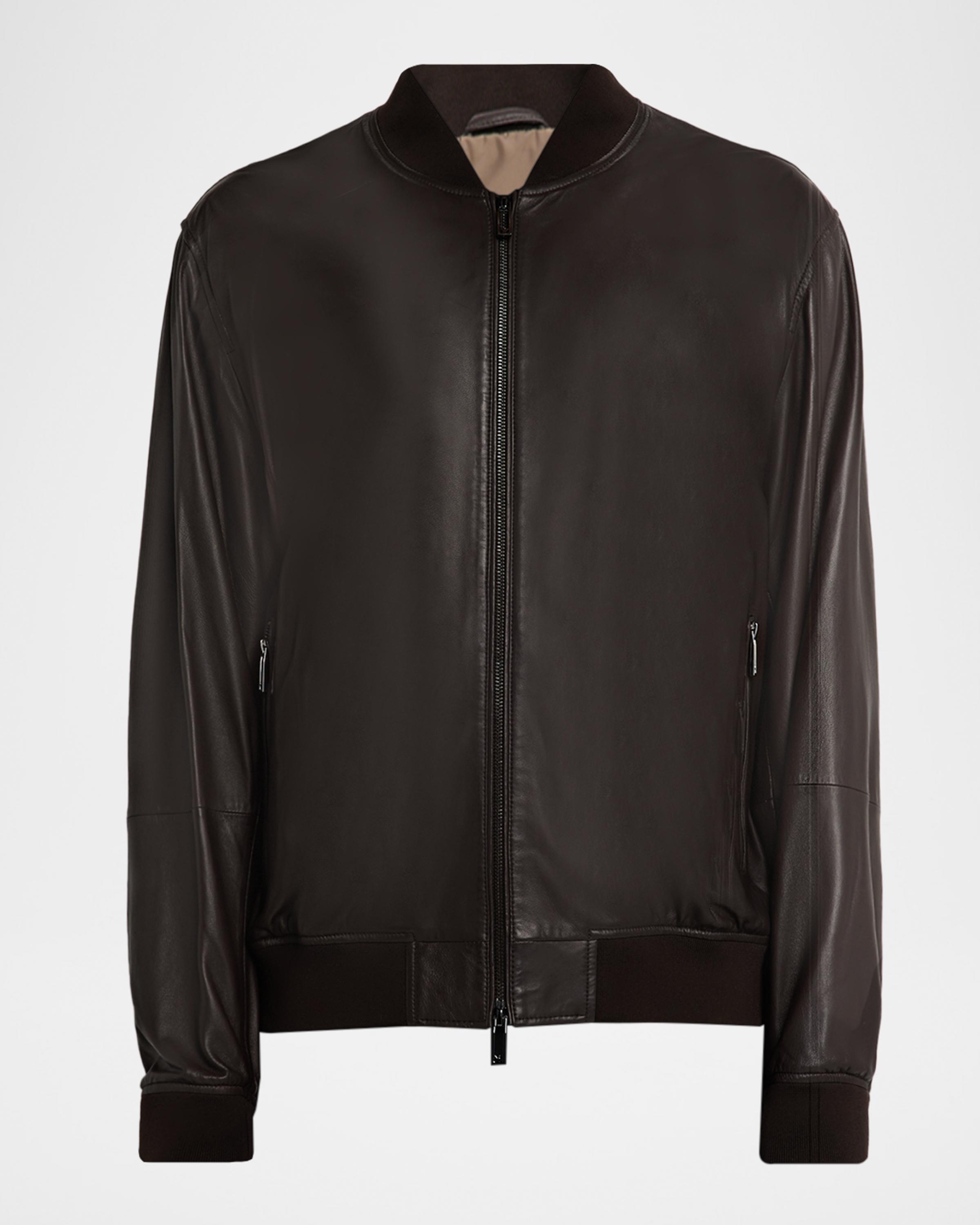 Men's Leather Knit-Trim Jacket